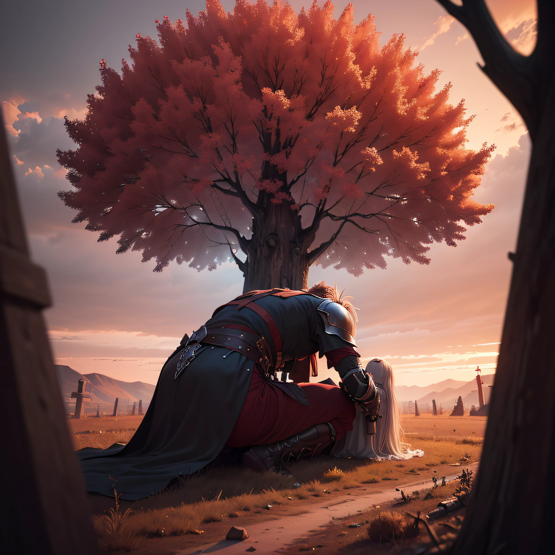 (Extreme Detail CG Unity 8K Wallpapers，tmasterpiece，Highest image quality)，(Delicate light and shadow，The picture is highly dramatic，Cinematic lens effect)Dark red sky，There are many cracks，On the left there is a weird dead tree，There is a grave on the right，A man kneels on the ground，Medieval armor --auto