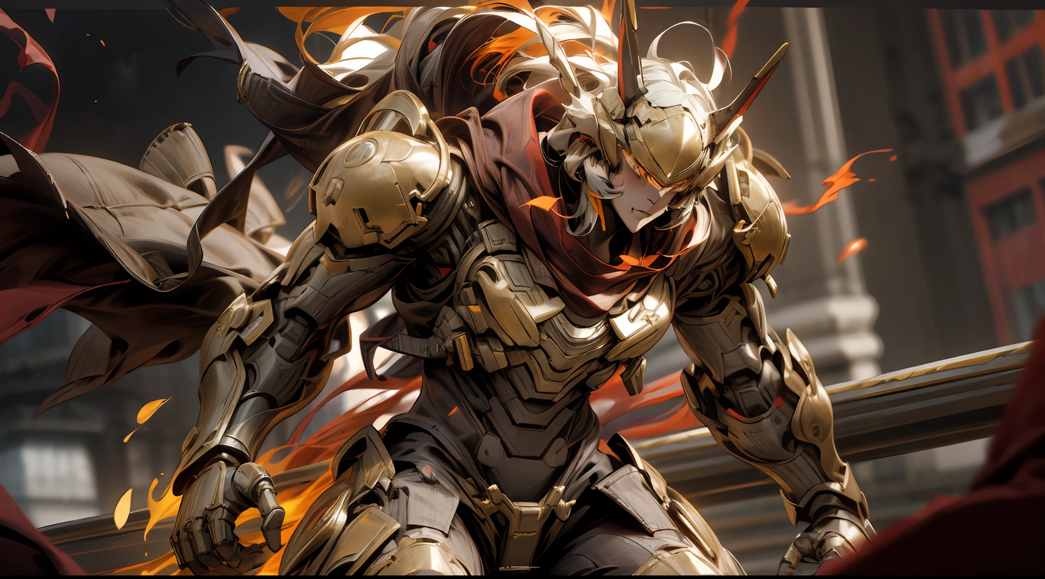 A beautiful game CG with the Doomsday theme as the main body, hyper-detailed, this is a light black and light white complex structure of the mecha, its hands hold a broad heavy armor sword, emitting a fiery red light: 1.2, the eyes emit dazzling red light: 0.8, 3D two-dimensional drawing, the scarf of breaking waves sways with the wind, anime drawing, chiaroscuro, light special effects, mecha detailed and exquisite, mecha face delicate and clear, light source on the eyes, background burning fire of the broken mechanical battlefield