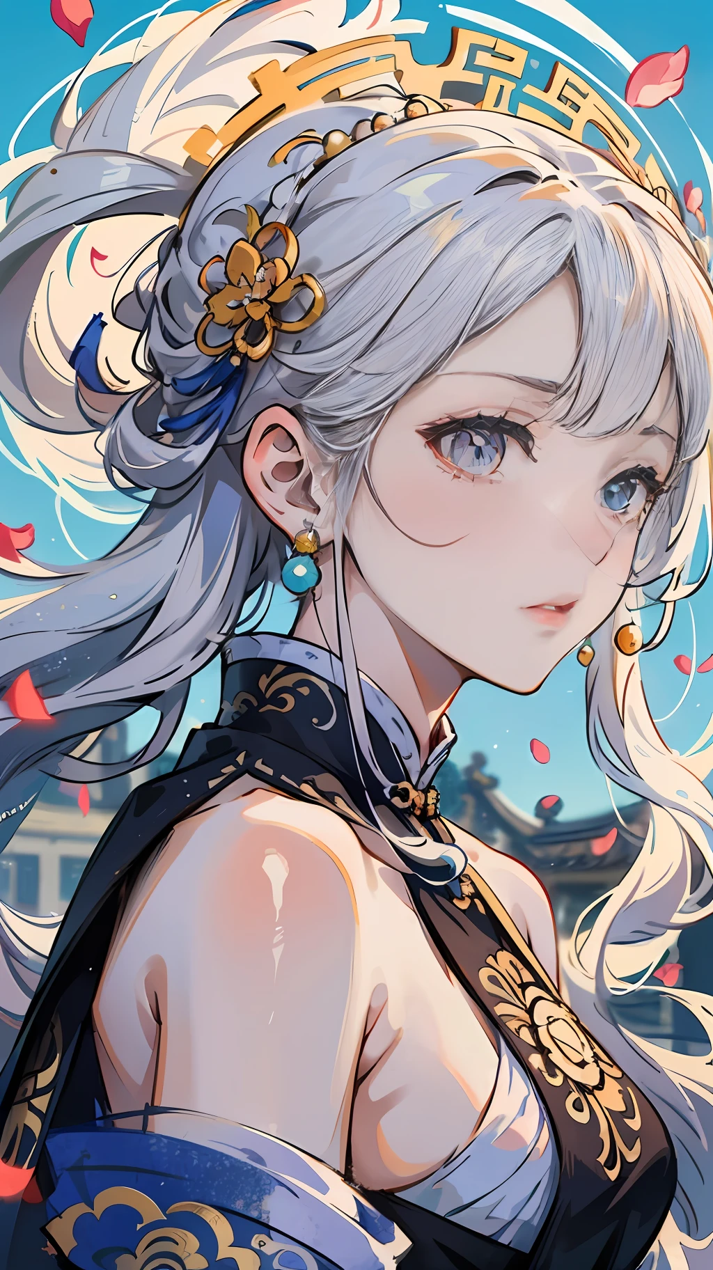 Mature girl, orange eyes, blue-white hair color, floating hair, delicate and flexible eyes, intricate damask hanfu, gorgeous accessories, wearing pearl earrings, fov, f/1.8, masterpiece, ancient Chinese architecture, blue sky, flower petals flying, front portrait shot, Chang'e, side lighting, sunlight on people, 8K