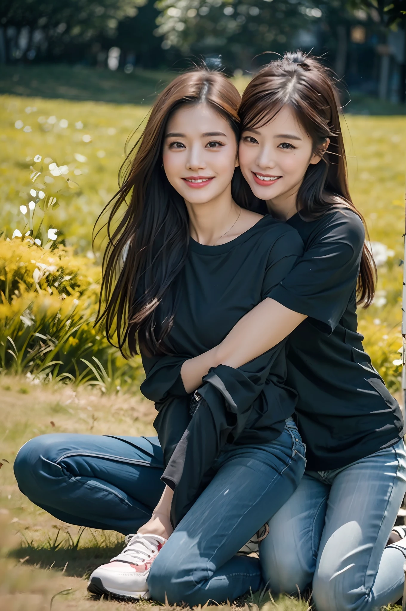 （RAW photogr，超高分辨率，tmasterpiece，best qualtiy：1.4），Complicated details，2 20 year old Korean girl，Wear a loose black T-shirt and skinny jeans，Stand on the grass and take pictures，hugs，Intimate relationships，Detailed meadow，A sweet smile on a small face，The face and skin are pink and fair，Ultra-realistic facial details，Playful and coquettish pose，The calves are straight and slender:1.5，Wear high-end branded colorful travel shoes:1.5，eventide，warm color，Broad lighting，naturalshadow，taking a full body photo:1.8