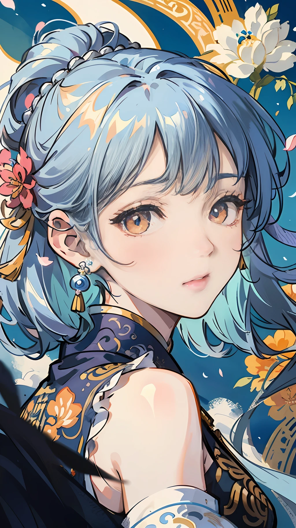 Mature girl, orange eyes, blue-white hair color, floating hair, delicate and flexible eyes, intricate damask hanfu, gorgeous accessories, wearing pearl earrings, fov, f/1.8, masterpiece, ancient Chinese architecture, blue sky, flower petals flying, front portrait shot, Chang'e, side lighting, sunlight on people, 8K