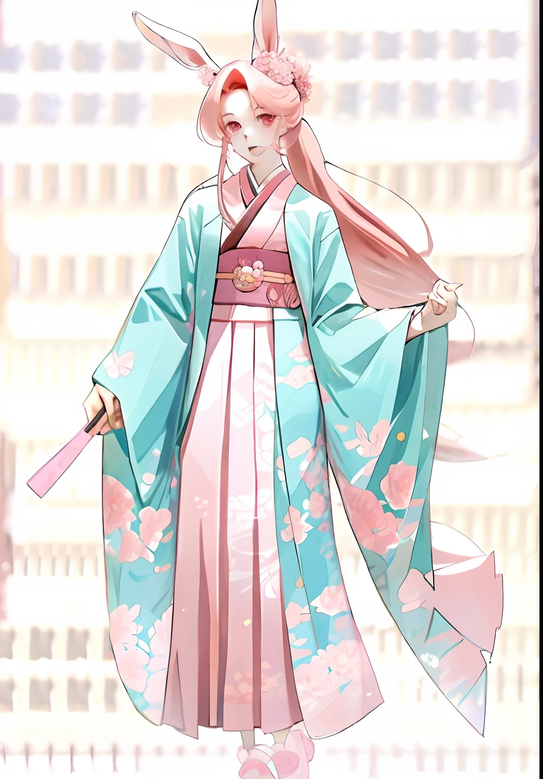 Skirt,A pink-haired,Pink ears,Pink eyes,Kimono hairstyle,Large-sleeved shirt,Rabbit ears,Lop-eared rabbits