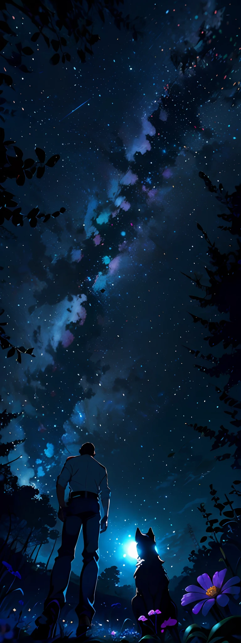 Fotografia de paisagem expansiva, (View from below with a view of the sky and the seabelow), White man long black hair blue eyes standing in a field of flowers looking up, (lua cheia: 1.2), (estrela cadente: 0.9), (nebulosa: 1.3), montanha distante, tree breaking production art, (fonte de luz quente: 1.2), (vagalume: 1.2), bulb, roxo e laranja, detalhe intrincado, volume lighting BREAK (obra-prima: 1.2), (mais alta qualidade), 4k, ultra-detalhado, (Dynamic configuration: 1.4), detalhes altamente detalhados e coloridos (iridescente: 1.2), (Sparkling lighting, Atmospheric Illumination), sonhador, magica, (solo: 1.2)