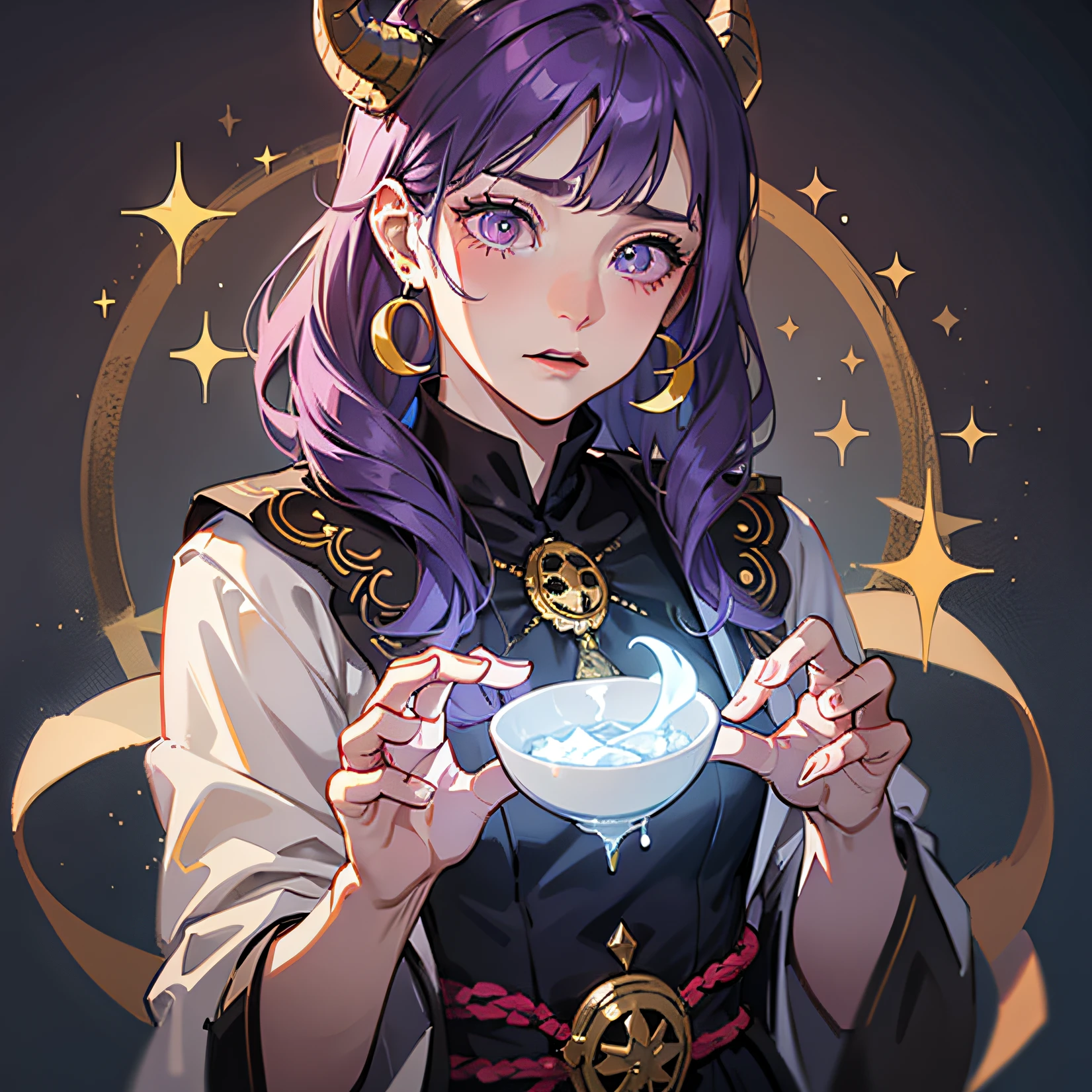 Nice guy, witch doctor, Slavs, medicine, goat horns on head, magic, Slavic motifs, dynamic pose, purple hair, hair rings, bowl cut, ribbon, glowing eyes, crescent earrings, embarrassed, sparkle, masterpiece, super detail