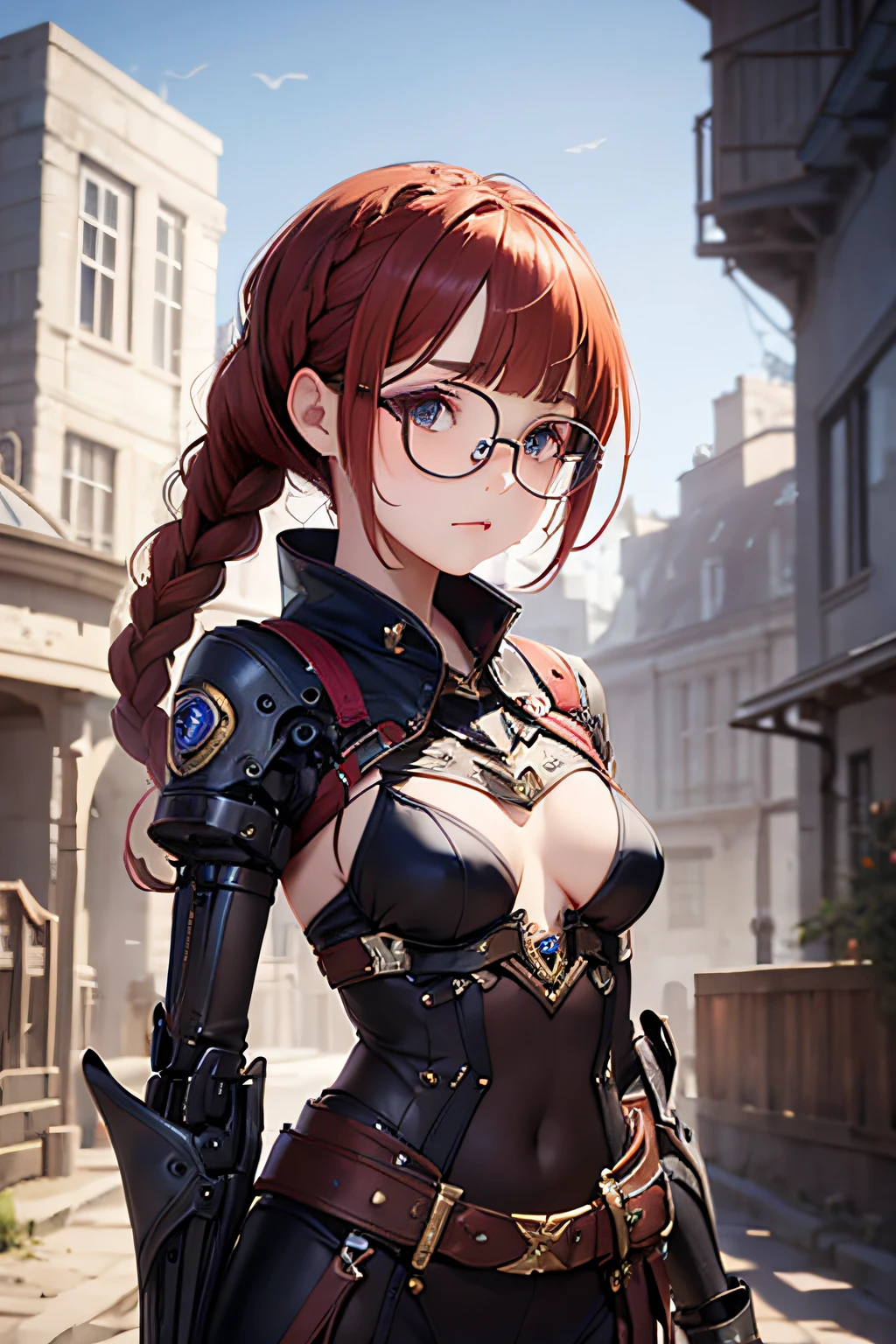 Gamine, teens girl, Lori, redhair, Braids, blunt bangs, eye glasses, Jig eyes, flat breast, small tits, The neck is mechanical, Left arm is mechanical, Western Fantasy Costumes --auto --s2