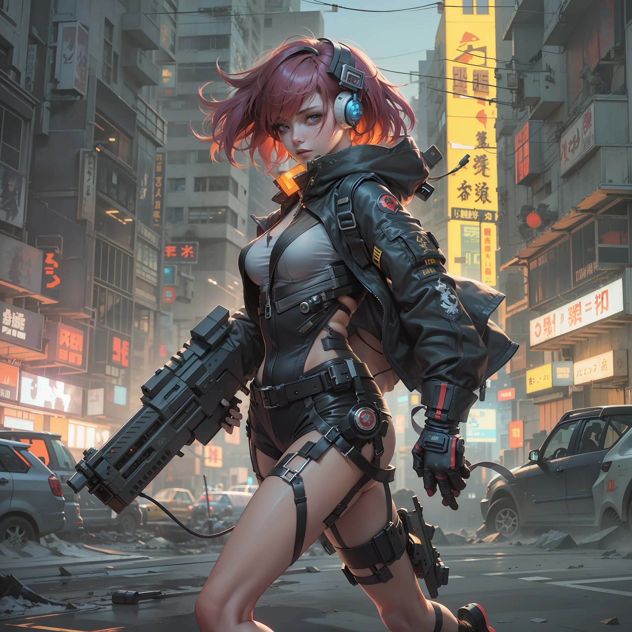 Cyberpunk warriors are running with huge guns in abandoned cities,Anime,Loish style,Full body shot,purple and yellow tones,Deserted city buildings,elated,Short hair,Red hair,Earphone,Boso zoku costume,Mecha outfit,Daoism,James cameron,Chinese cyberpunk architecture,Lens flare,Tyndall effect