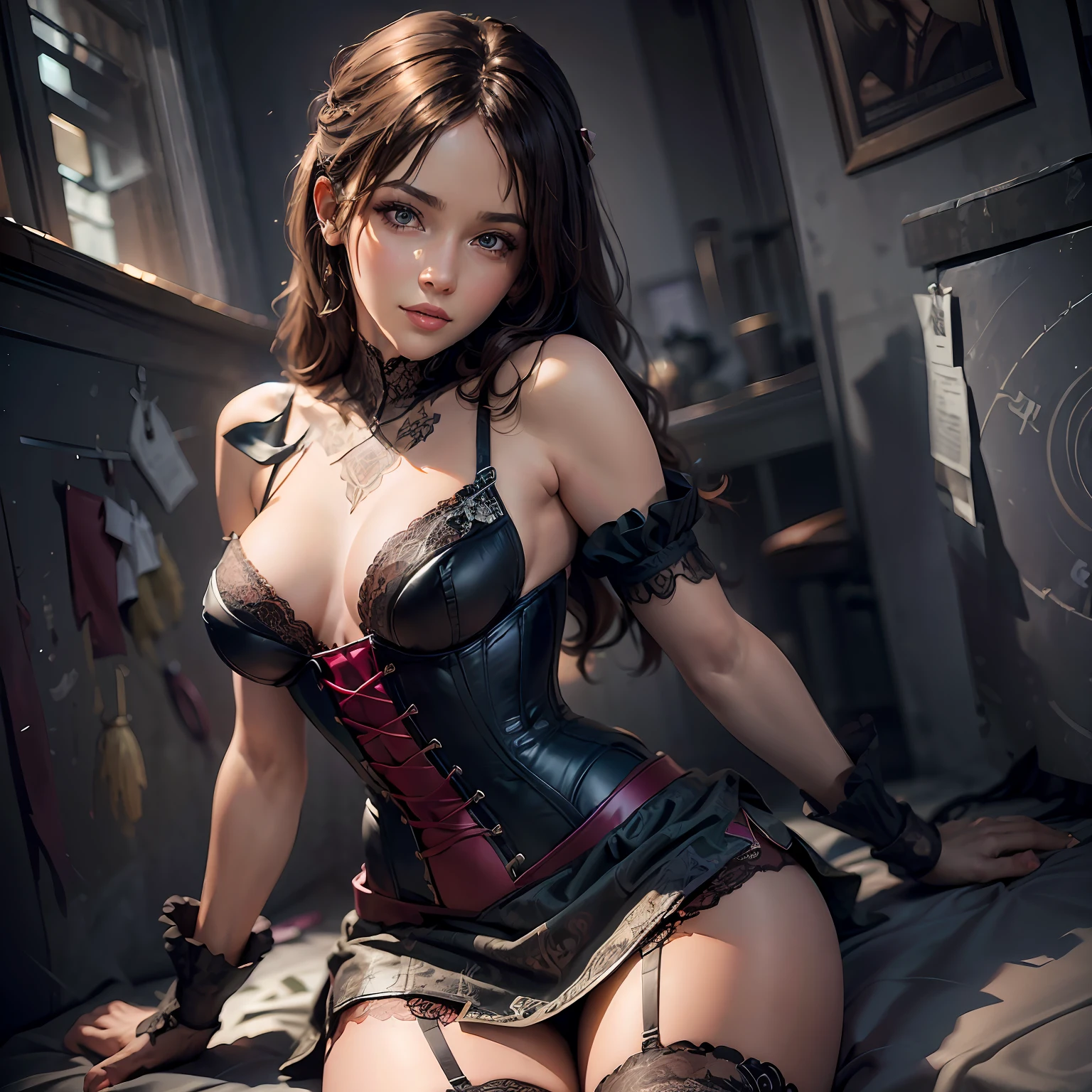 (front focus), (in the dark:1.6), Hyperrealist portrait,1girl by david hockney and alphonse mucha, cleavage big breasts:1.2, (mini skirt:1,5) , fantasy art, photo realistic, dynamic lighting, artstation, poster, volumetric lighting, very detailed faces, 4 k, award winning, 1girl, in the dark, deep shadow, low key, full body shot, sexy, (sexy lace clothing:1.4), dress, corset, looking at viewer, makeup, lipstick, stockings, heels, indoors, long hair, black hair