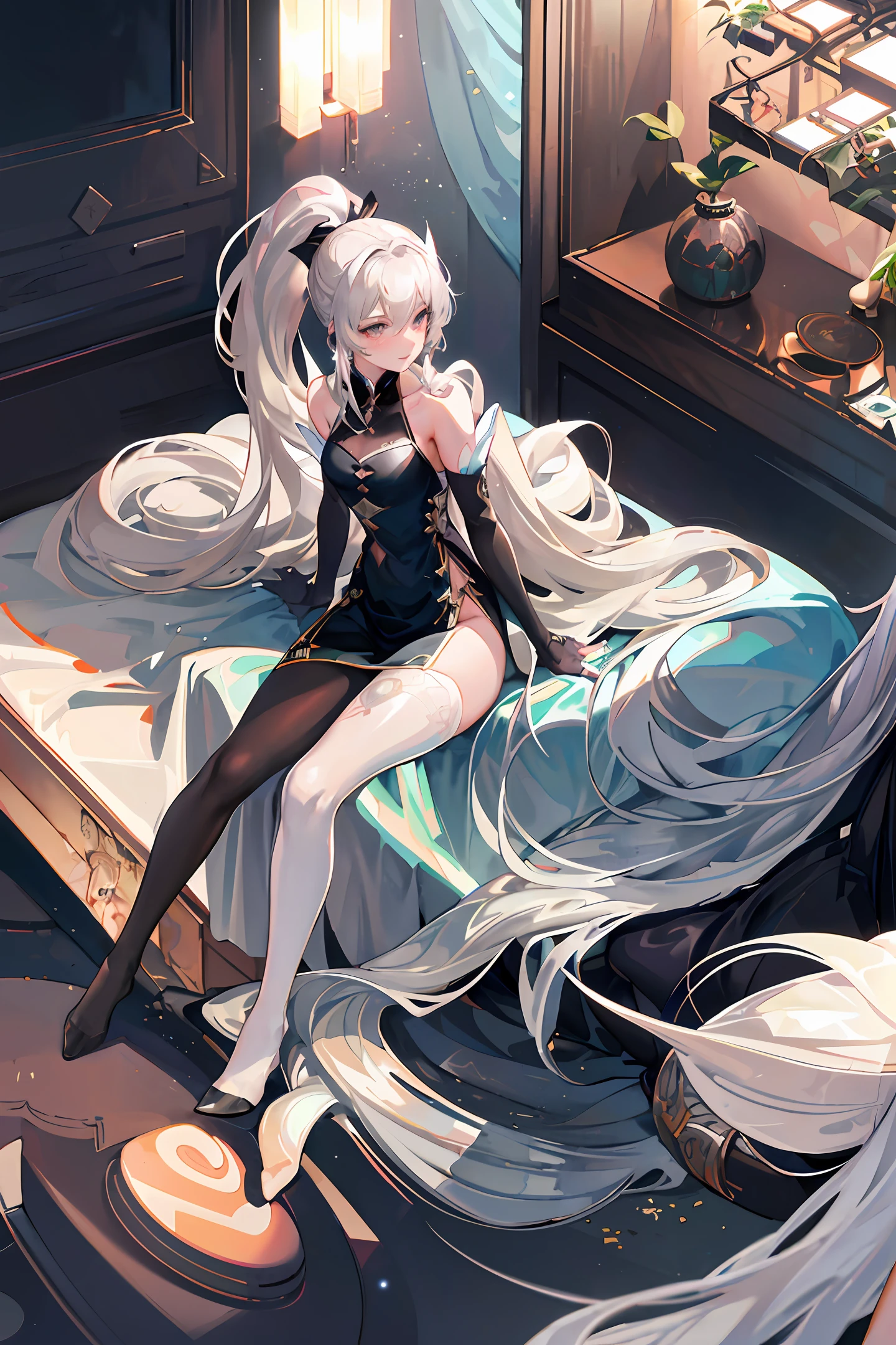 Clara, wearing white stockings, lay on the bed with a shy expression