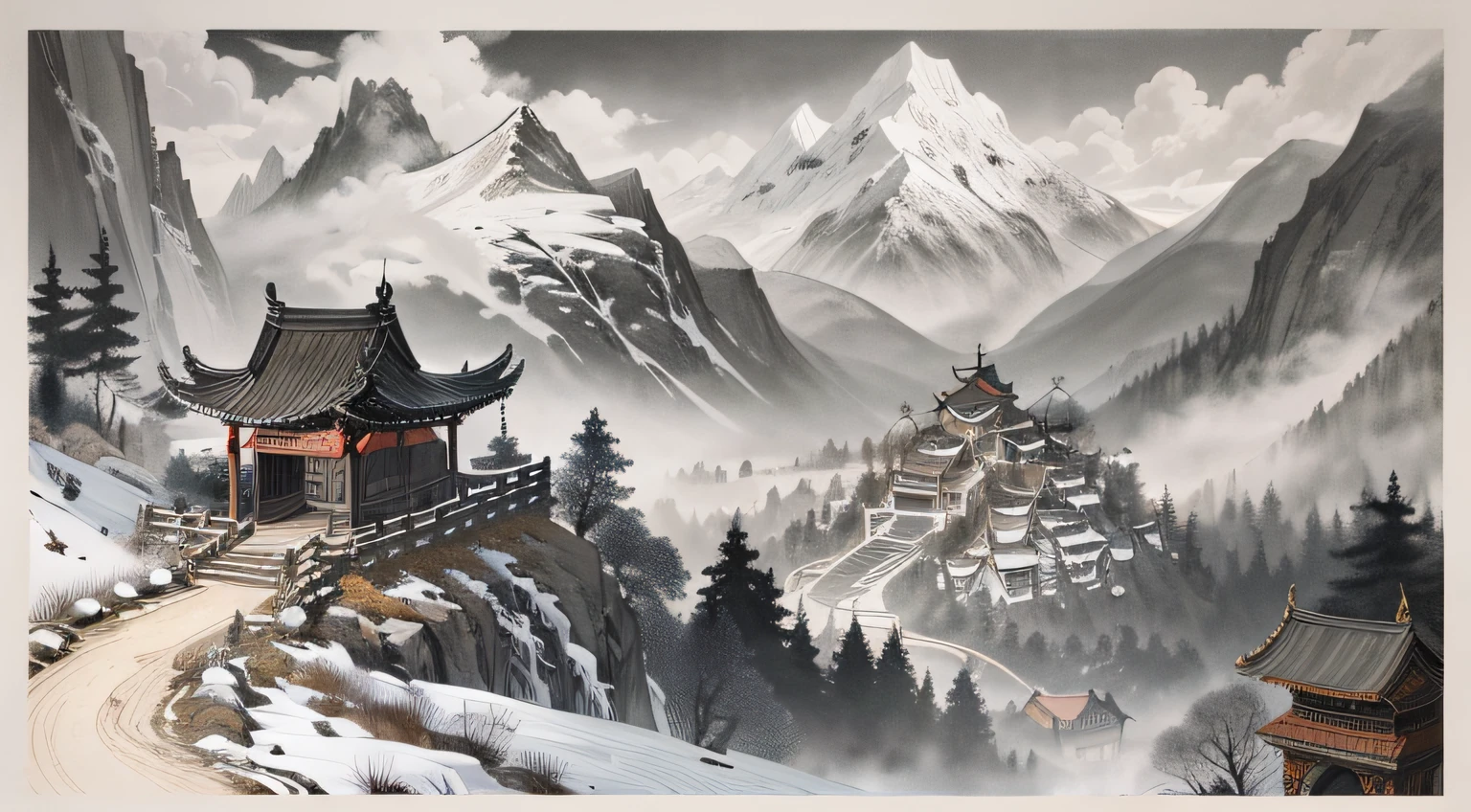 Please draw a picture,The whole is in black and white ink painting style。The background is a quaint mountain gate in the midst of the mountains,The protagonists are five teenagers,Gesturing towards the majestic old man sitting in the mountain gate。All staff were dressed in period costumes,The hairstyle is an ancient Chinese hair strand。 --auto