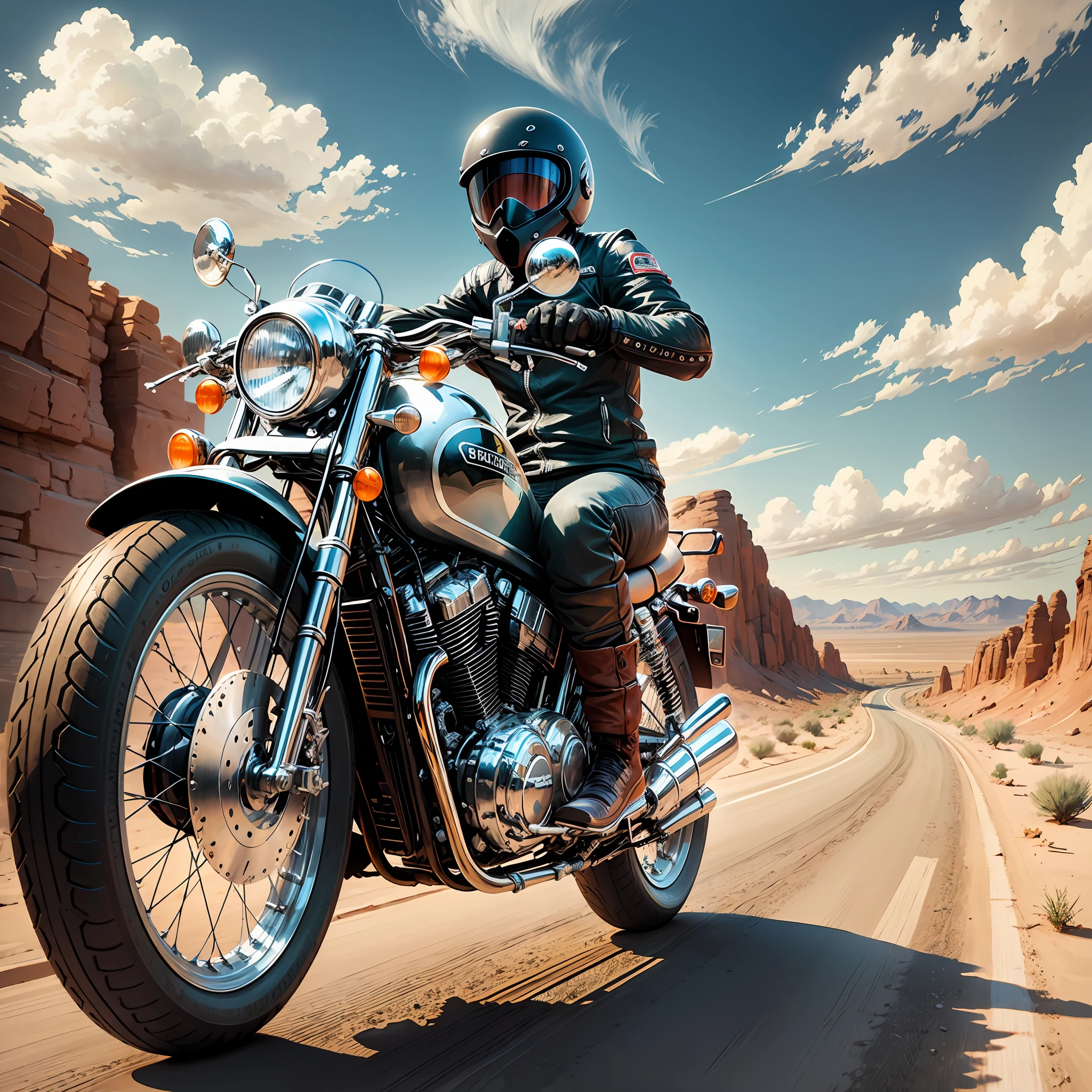 Biker on a Custon motorcycle on the paved desert road of the desert --auto --s2