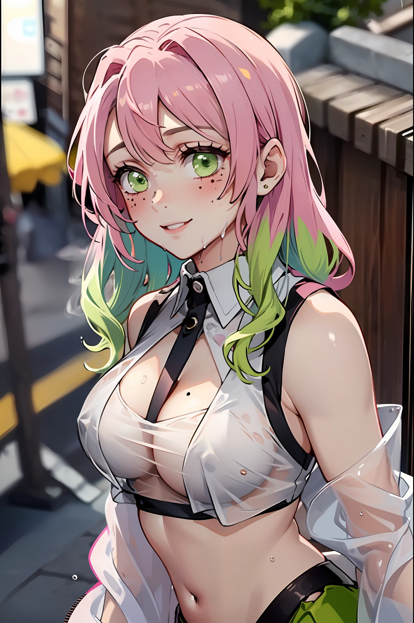 sharp focus, dynamic angle, (colored), 1girl, ((Mitsuri Karonji)), (lime green eyes: 1.4), (moles under the eyes), (hair two colors, pink, green), (on the street: 1.2), Japanese houses, ), (wide hips), large breasts, outdoor, big ass, thighs, ultra detailed, highest quality, cowboy shot, soft shadows, (extremely detailed eyes and face: 1.4), sexy, cute smile, blush, (wearing ((vaporous:1.2) (see-through:1.2) (white: 0.6) (chiffon) (crop top) grasped (wet: 1.4) skin ): 1.2)),