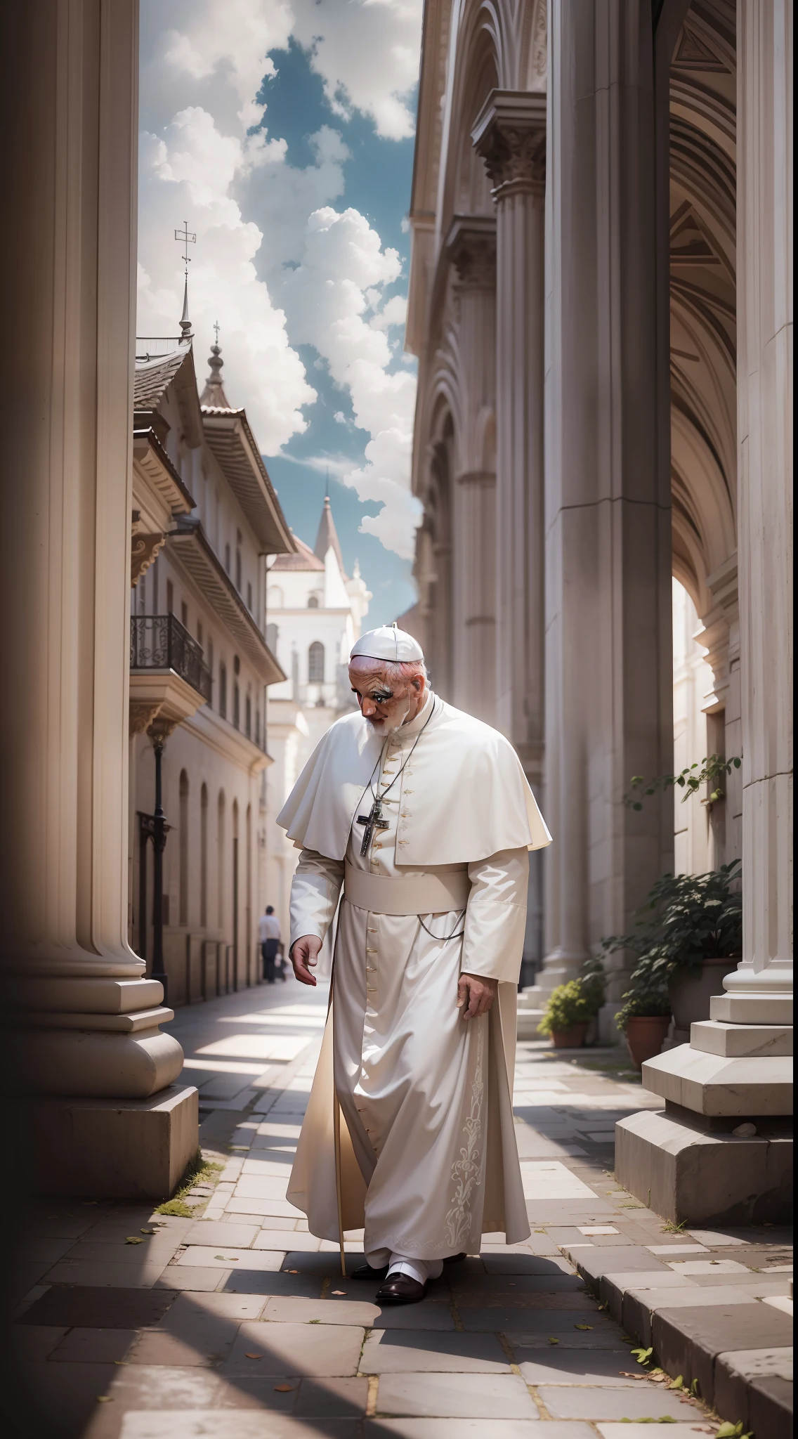 Photo of the pope of the Roman Catholic Church lacombe style, homem sem barba, roupa branca, white tunic, capa vermelha, Catedral como plano de fundo, contraste detalhado, foco profundo, super adobe, textura detalhada, esthetic, photoshop, octane rendering, pinterest art, fotografia premiada, mundialmente famoso, alta resolução, color correction, alta arte, sem desfoque, fotorrealismo, ultra qualidade