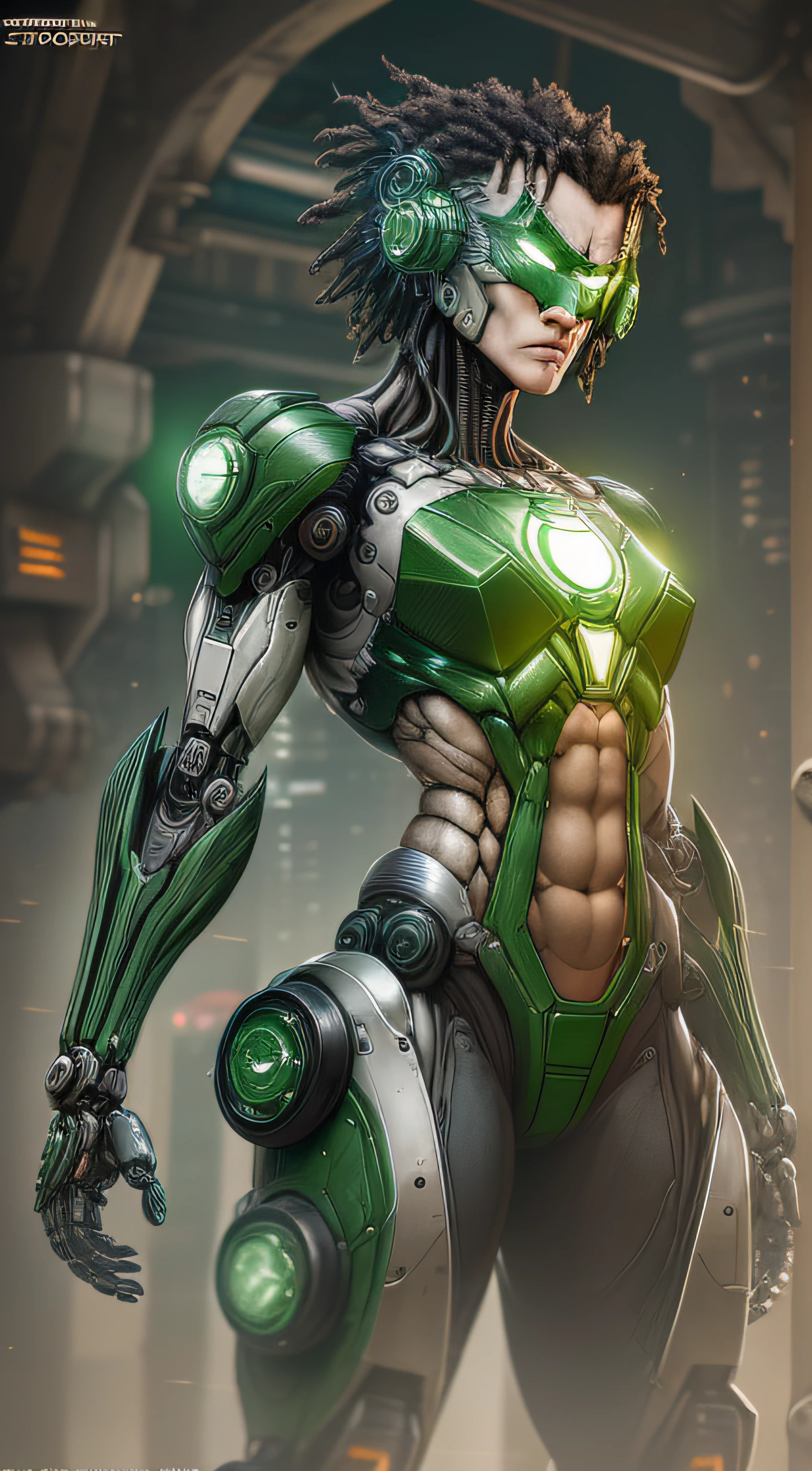 John Stewart the black Green Lantern from DC photography, biomechanical, complex robot, full growth, hyper-realistic, insane small details, extremely clean lines, cyberpunk aesthetic, a masterpiece featured at Zbrush Central