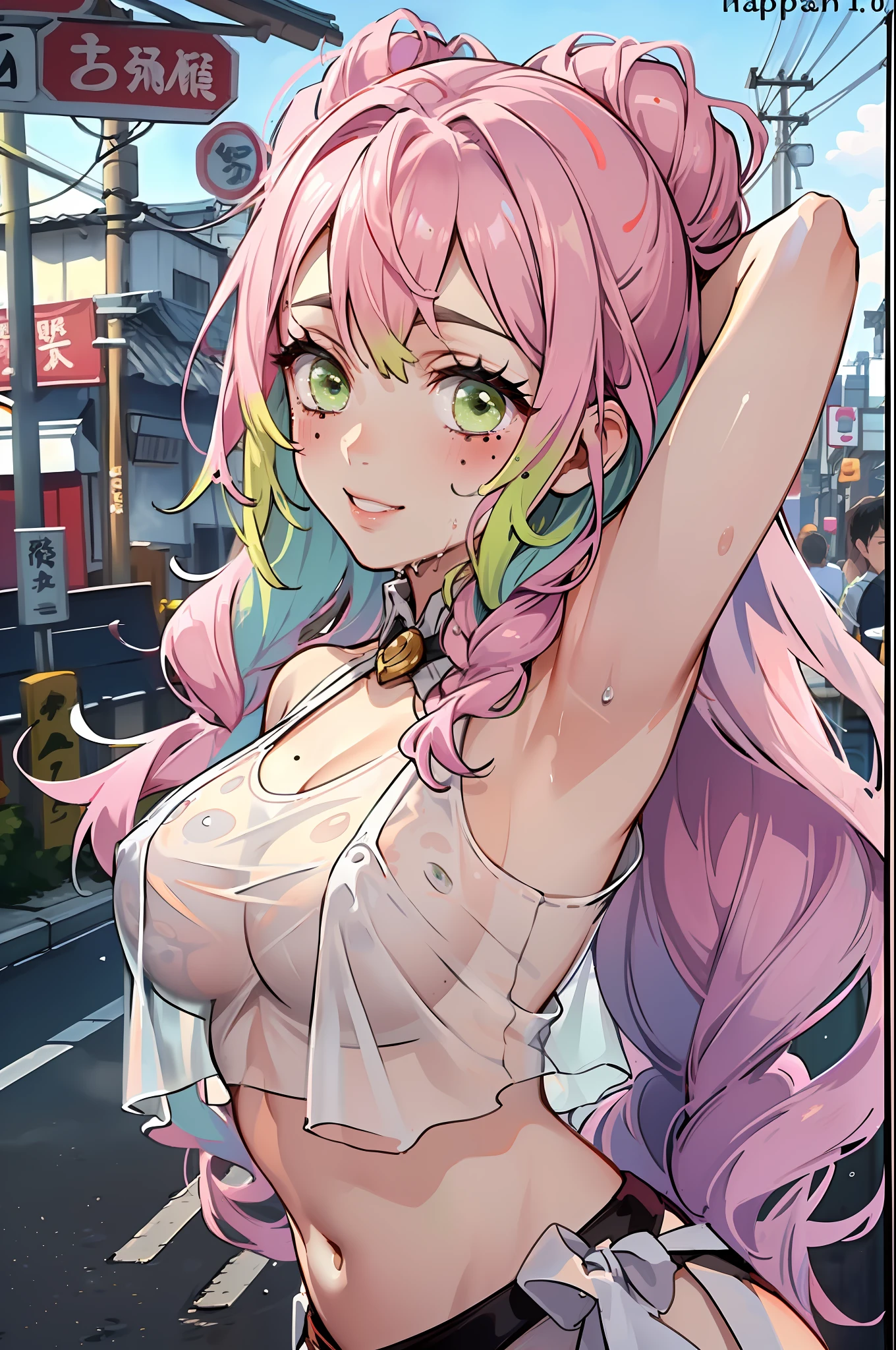 sharp focus, dynamic angle, (colored), 1girl, ((Mitsuri Karonji)), (lime green eyes: 1.4), (moles under the eyes), (hair two colors, pink, green), (on the street: 1.2), Japanese houses, ), (wide hips), large breasts, outdoor, big ass, thighs, ultra detailed, highest quality, cowboy shot, soft shadows, (extremely detailed eyes and face: 1.4), sexy, cute smile, blush, (wearing ((vaporous:1.2) (see-through:1.2) (white: 0.6) (chiffon) (crop top) grasped (wet: 1.4) skin ): 1.2)),