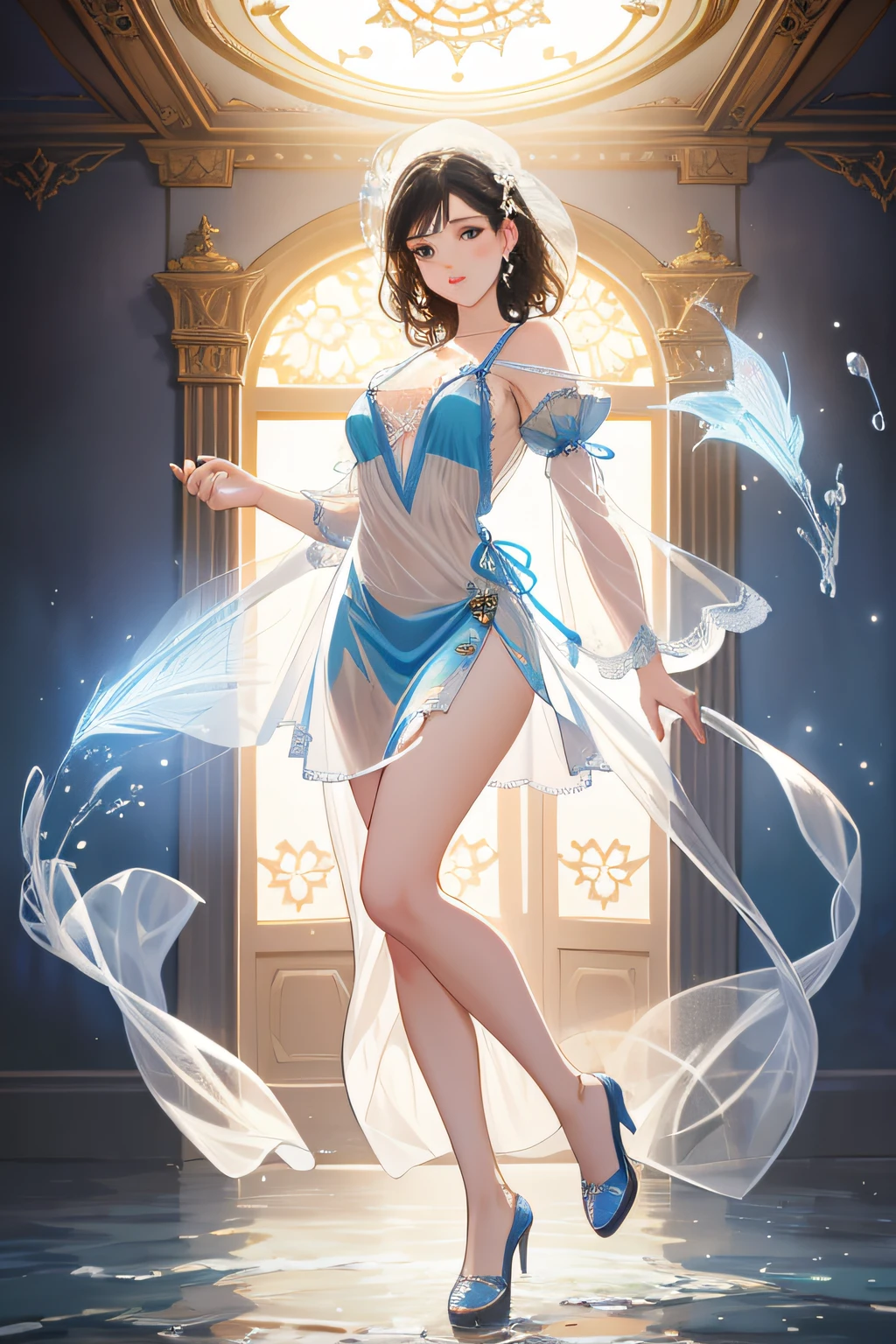 Best quality, masterpiece, high resolution, beautiful European Caucasian Girl, door opening, 1girl, large body, sexy extreme, light as gauze (see-through), large openwork see-through, beautiful and delicate face, (body of desire) Perfect slim body (nipple slip: 0.5), perfect snow white skin (night),view of pubic hair,splash, full body,art by Sakimichan,slight smile,plash,seductive pose, visible pubic hair, breasts visible,full body,Transparent clothing, slight smile,Jean-Baptiste Monge style, bright, beautiful , splash, Glittering , cute and adorable, filigree, , rim lighting, lights, extremely , magic, surreal, fantasy, digital art, , wlop, artgerm and james jean,floating antique clock, lamp ancient, splash,floating antique clock,face by tom bagshaw art station,