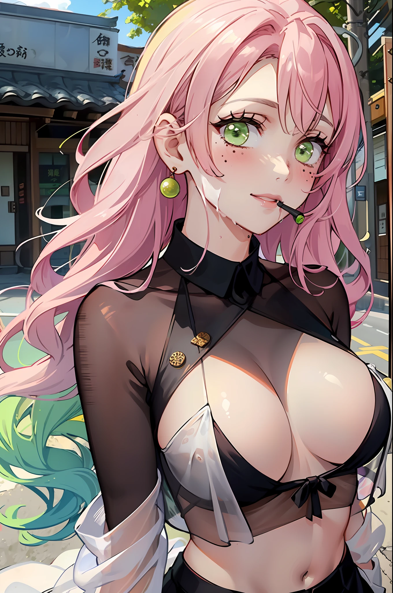 sharp focus, dynamic angle, (colored), 1girl, ((Mitsuri Karonji)), (lime green eyes: 1.4), (moles under the eyes), (hair two colors, pink, green), (on the street: 1.2), Japanese houses, ), (wide hips), large breasts, outdoor, big ass, thighs, ultra detailed, highest quality, cowboy shot, soft shadows, (extremely detailed eyes and face: 1.4), sexy, cute smile, blush,  (wearing ((vaporous:1.2) (see-through:1.2) (white: 0.6) (chiffon) (crop top) grasped (wet: 1.4) skin ): 1.2)),