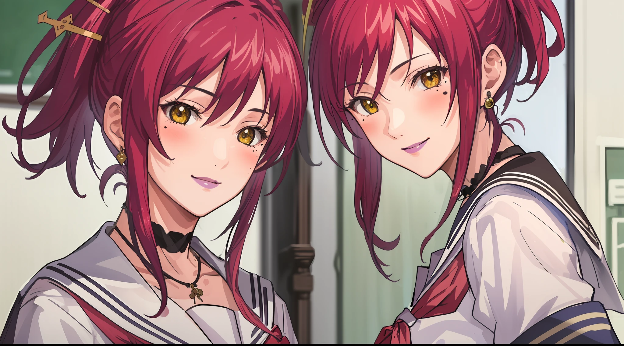 (Masterpiece, Best Quality, High Quality:1.4), professional artwork, Intricate Details, field of view, sharp focus, detailed painting, photorealistic lighting, trending on pixiv, 1girl, (vivid lighting, vibrant colors:1.05), realistic shadows, ambient occlusion,
Marie Mamiya, mature female, milf, solo, (curvy:1.1), luxury room, (half body shot:1.1), looking at viewer,
(red hair:1.05), hair ornament, lipstick, makeup, (mole under eye:0.9), choker, ultra detail hair, ultra detail face, (yellow glowing eyes:1.05), perfect eyes, perfect face, perfect retina, earrings, (seductive look, blush:1.15), happy, smile,
(school_uniform:1.4), choker, necklace, fingernails,
(Large Breasts:1.15)