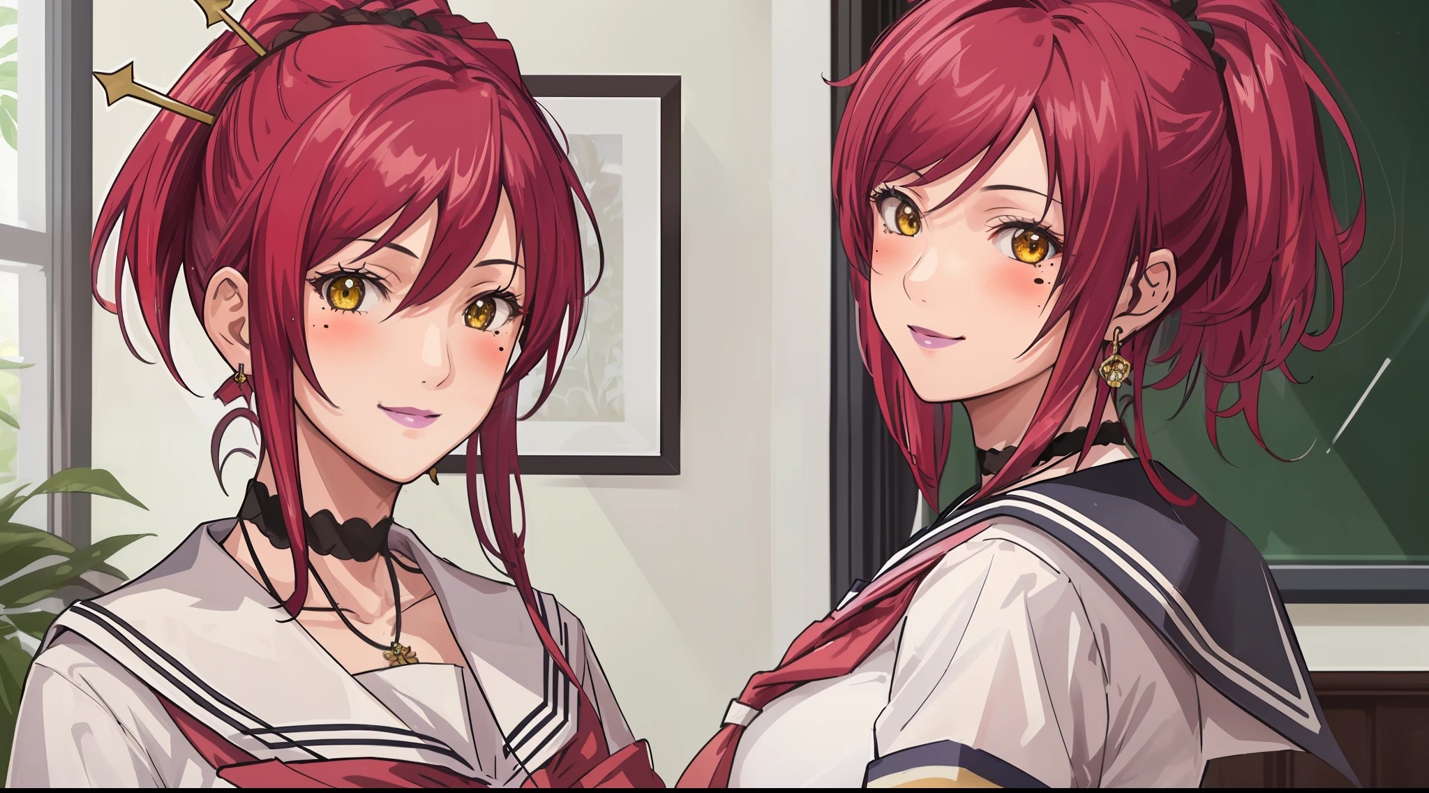 (Masterpiece, Best Quality, High Quality:1.4), professional artwork, Intricate Details, field of view, sharp focus, detailed painting, photorealistic lighting, trending on pixiv, 1girl, (vivid lighting, vibrant colors:1.05), realistic shadows, ambient occlusion,
Marie Mamiya, mature female, milf, solo, (curvy:1.1), luxury room, (half body shot:1.1), looking at viewer,
(red hair:1.05), hair ornament, lipstick, makeup, (mole under eye:0.9), choker, ultra detail hair, ultra detail face, (yellow glowing eyes:1.05), perfect eyes, perfect face, perfect retina, earrings, (seductive look, blush:1.15), happy, smile,
(school_uniform:1.4), choker, necklace, fingernails,
(Large Breasts:1.15)