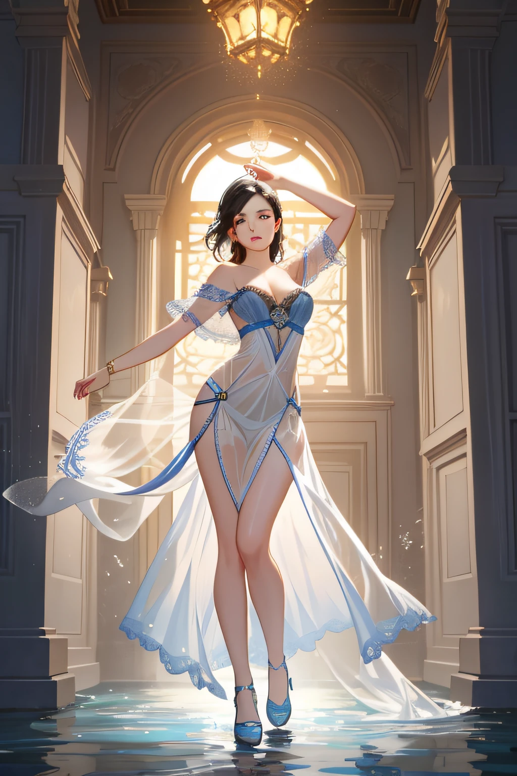 Best quality, masterpiece, high resolution, beautiful European Caucasian Girl, door opening, 1girl, large body, sexy extreme, light as gauze (see-through), large openwork see-through, beautiful and delicate face, (body of desire) Perfect slim body (nipple slip: 0.5), perfect snow white skin (night),view of pubic hair,splash, full body,art by Sakimichan,slight smile,plash,seductive pose, visible pubic hair, breasts visible,full body,Transparent clothing, slight smile,Jean-Baptiste Monge style, bright, beautiful , splash, Glittering , cute and adorable, filigree, , rim lighting, lights, extremely , magic, surreal, fantasy, digital art, , wlop, artgerm and james jean,floating antique clock, lamp ancient, splash,floating antique clock,face by tom bagshaw art station,