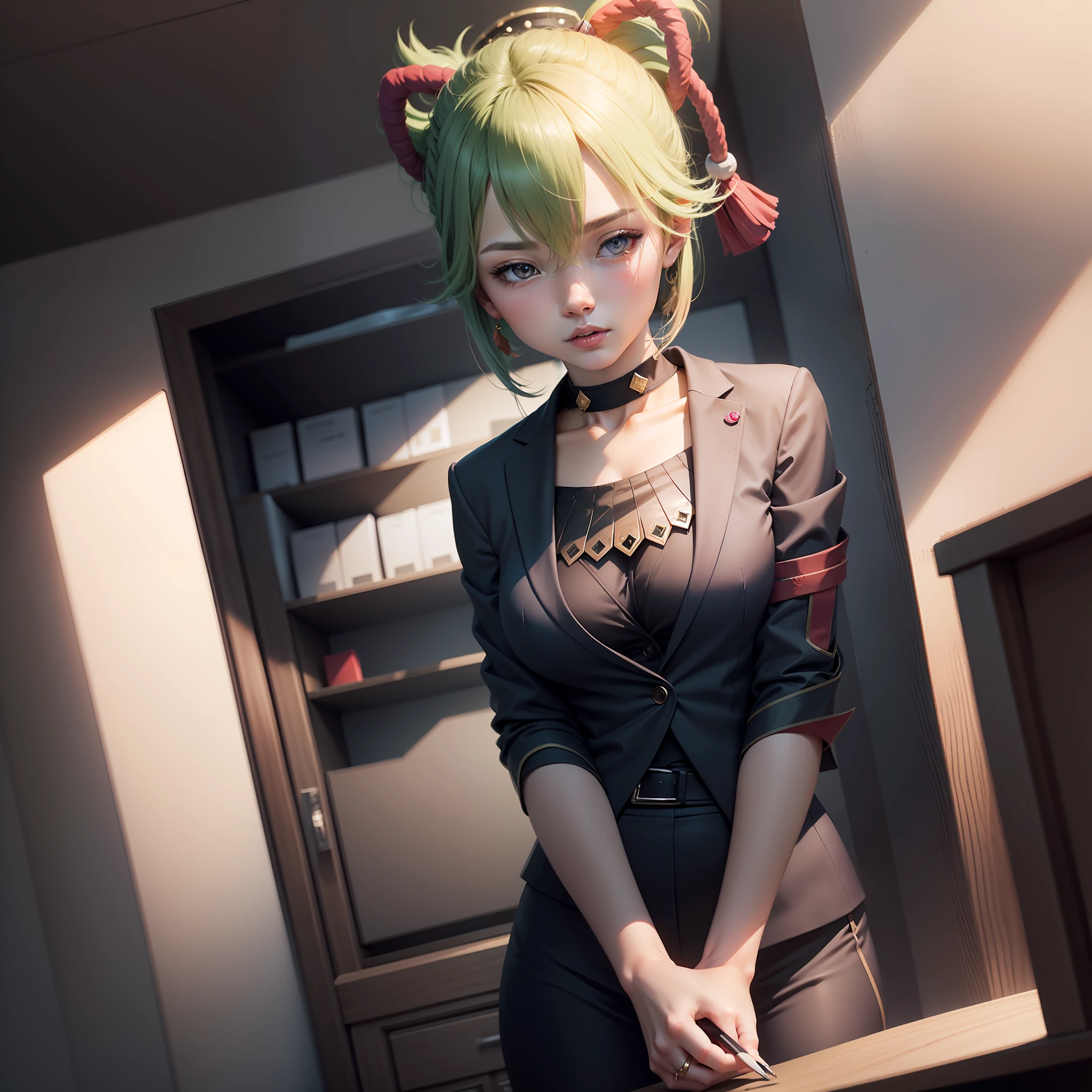 SFW, (masterpiece:1,2), best quality, masterpiece, highres, original, ex- tremely detailed wallpaper, perfect lighting,(extremely detailed CG:1.2), shinobu kusaki, formal Office Lady suit, whitesuit