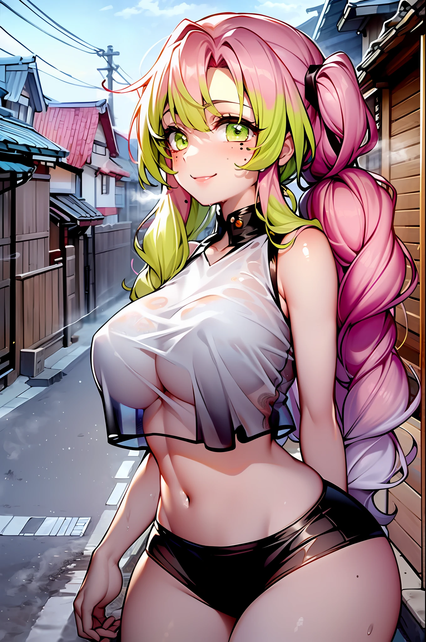 sharp focus, dynamic angle, (colored), 1girl, ((Mitsuri Karonji)), (lime green eyes: 1.4), (moles under the eyes), (hair two colors, pink, green), (on the street: 1.2), Japanese houses, ), (wide hips), large breasts, outdoor, big ass, thighs, ultra detailed, highest quality, cowboy shot, soft shadows, (extremely detailed eyes and face: 1.4), sexy, cute smile, blush,  (wearing ((vaporous:1.2) (see-through:1.2) (white: 0.6) (chiffon) (crop top) grasped (wet: 1.4) skin ): 1.2)),