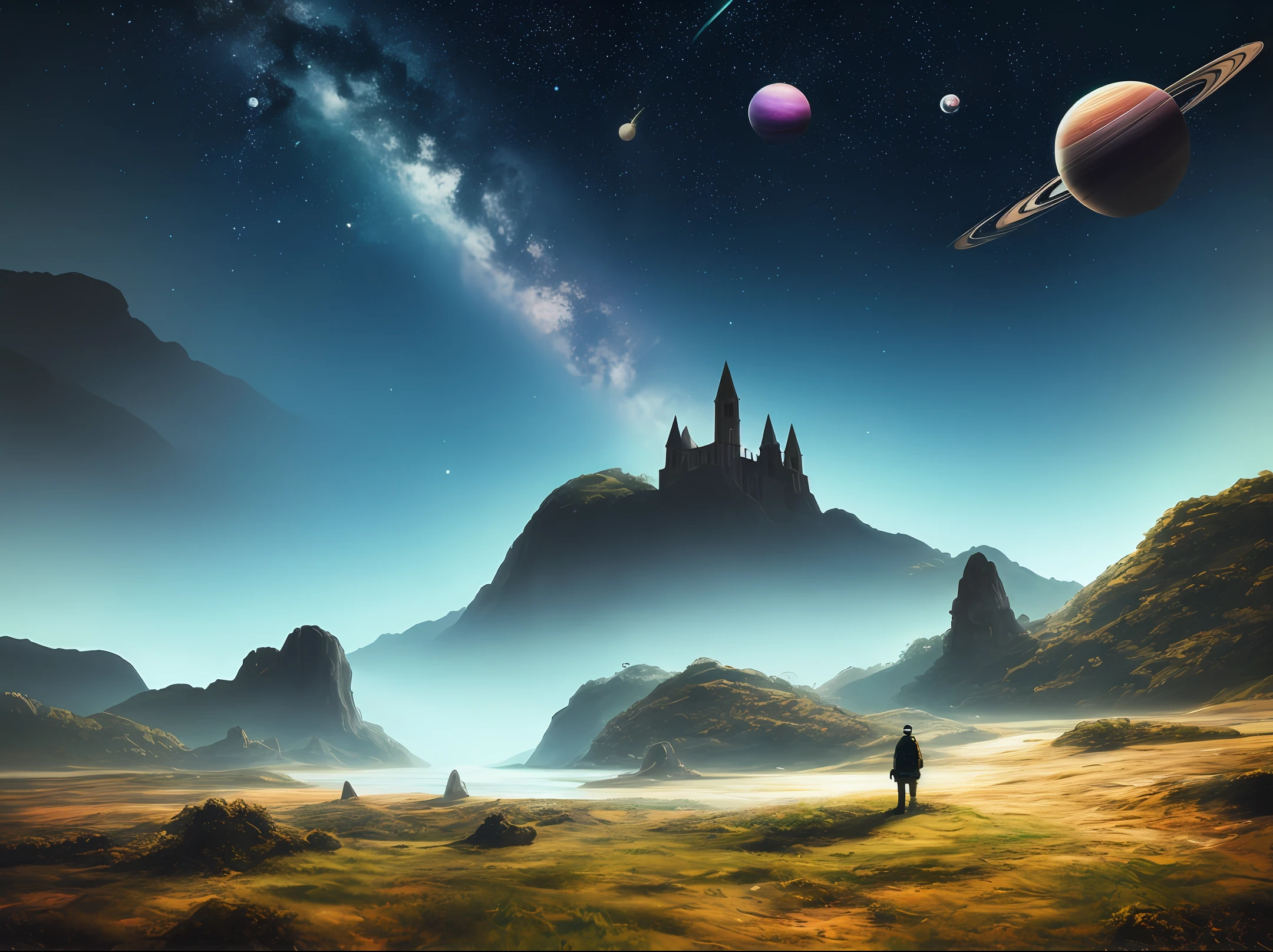 Uma paisagem surreal com uma montanha e um rio no meio, um monasterio nas montanhas, the sky full of stars and planets, chaingirldark style volumetric lighting, dynamic lighting, trends on artstation, 8k