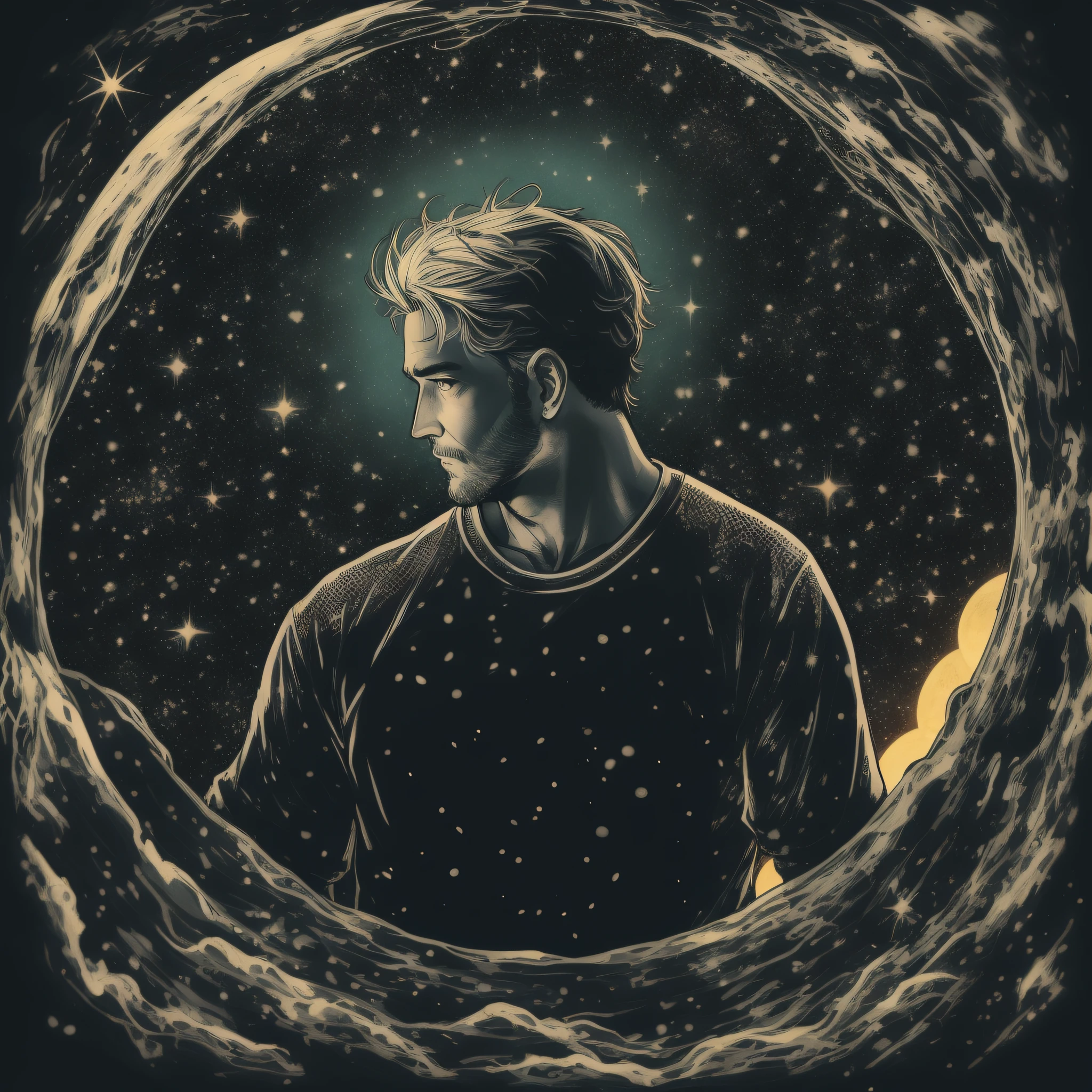 homem olhando para a lua do seu quarto, estampa para camiseta, arte redonda, fundo preto