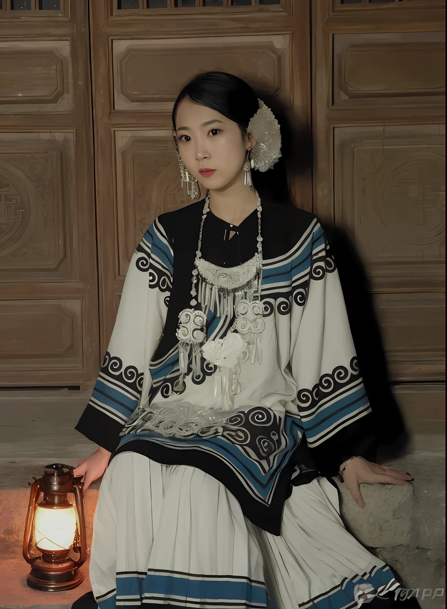 The Araved woman sat on the steps,There are lanterns in front of you, traditional tai costume, traditional garb, Hanfu, Traditional clothing, with acient chinese clothes, Traditional Chinese clothing, White Hanfu, traditionalcostumes, Ancient sword, Palace , A girl in Hanfu, traditionalcostumes, Chinese costume, inspired by Luo Mu, Wearing ancient Chinese clothes