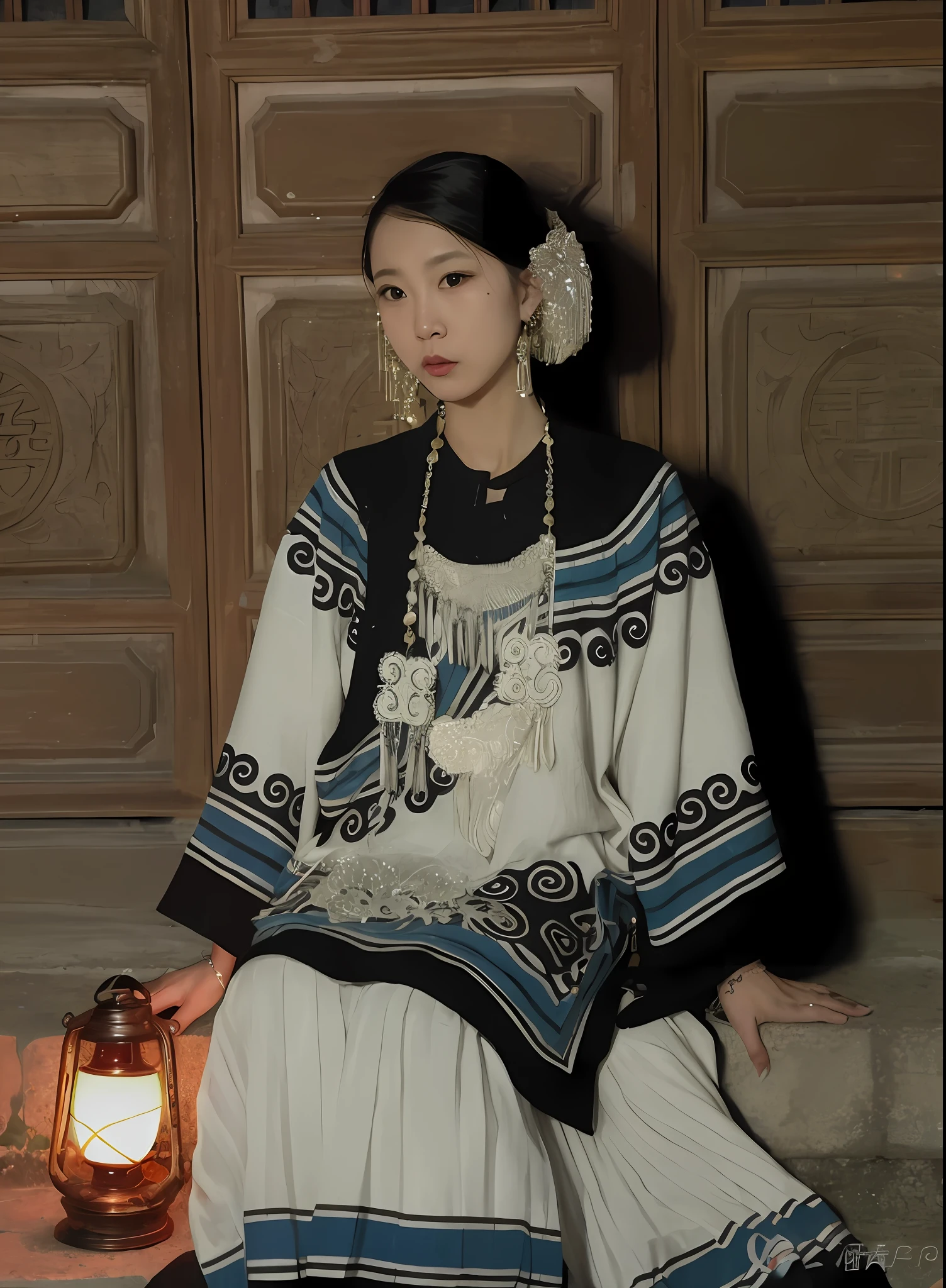 The Araved woman sat on the steps，There are lanterns in front of you, traditional tai costume, traditional garb, Hanfu, Traditional clothing, with acient chinese clothes, Traditional Chinese clothing, White Hanfu, traditionalcostumes, Ancient sword, Palace ， A girl in Hanfu, traditionalcostumes, Chinese costume, inspired by Luo Mu, Wearing ancient Chinese clothes