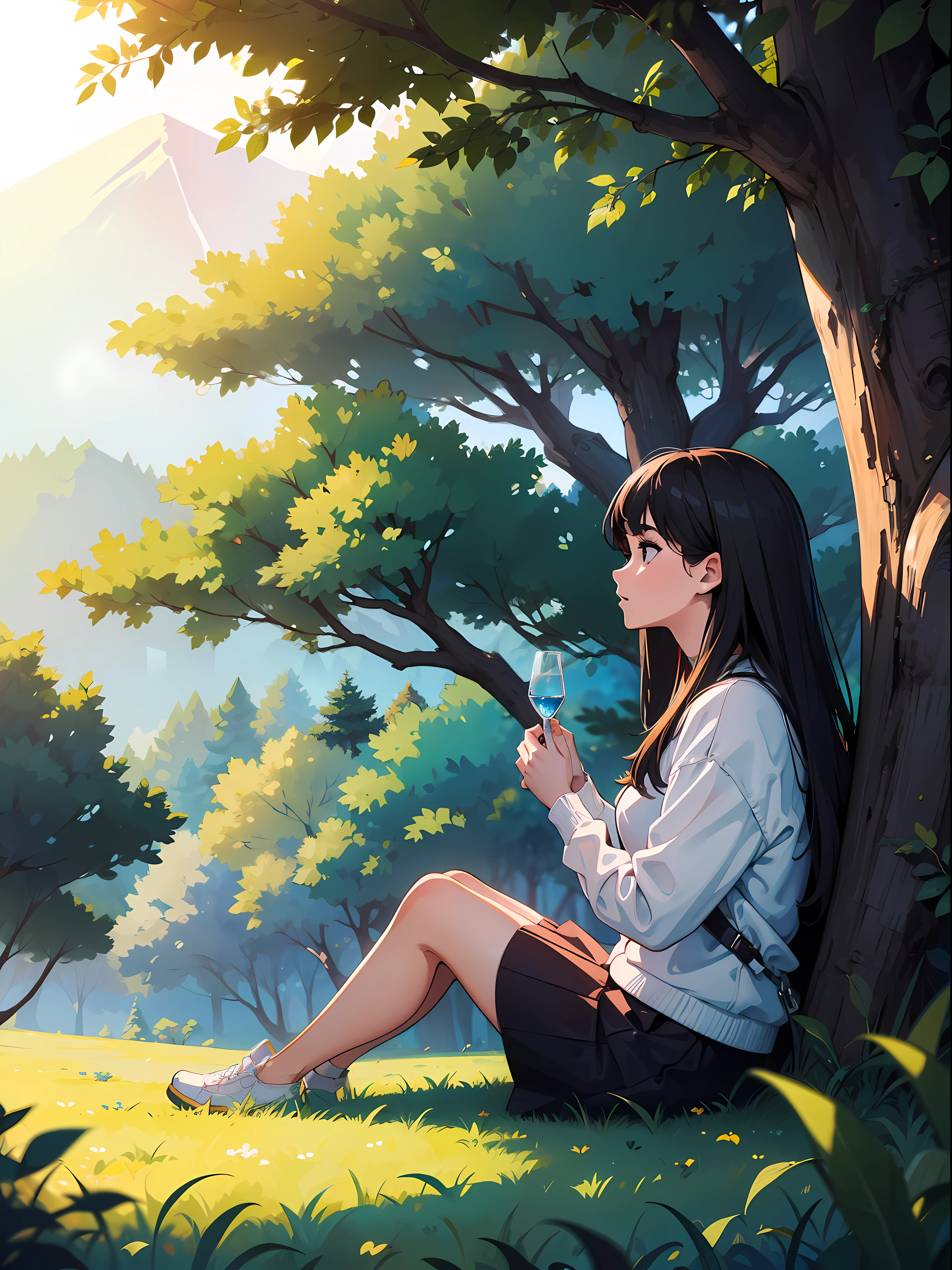 "(Best quality:1.3, masterpiece:1.3), girl sitting in a forest, captured from a side view."