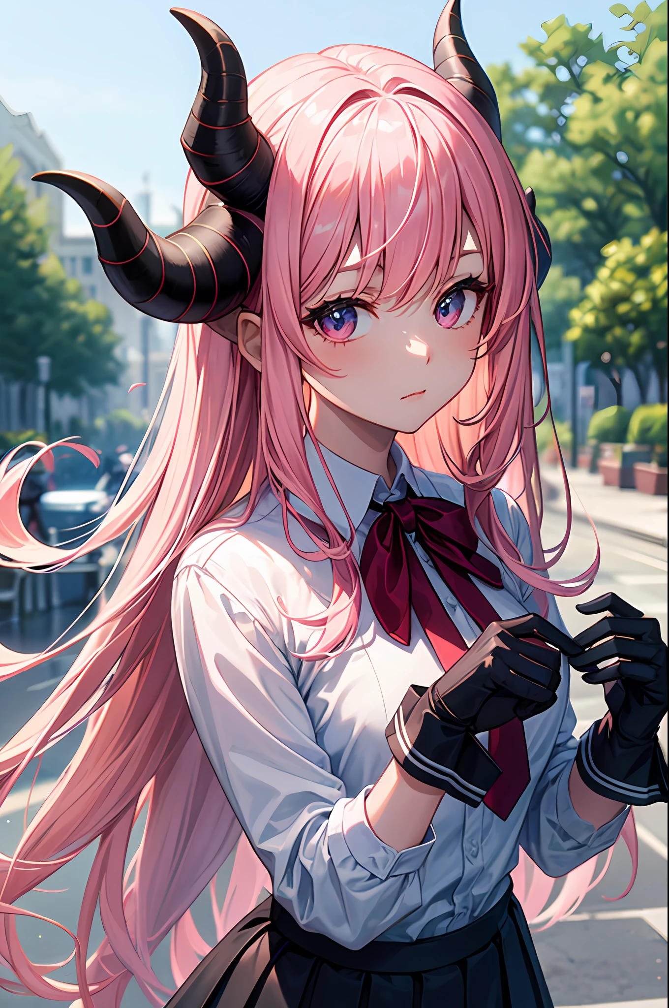 masterpiece , best quality, 1girl, solo, horns, skirt, shirt, white gloves, long hair, upper body, black skirt, gloves, fur trim, white shirt, ribbon, looking at viewer, pink hair, close up, bangs, outdoors, fantasy world