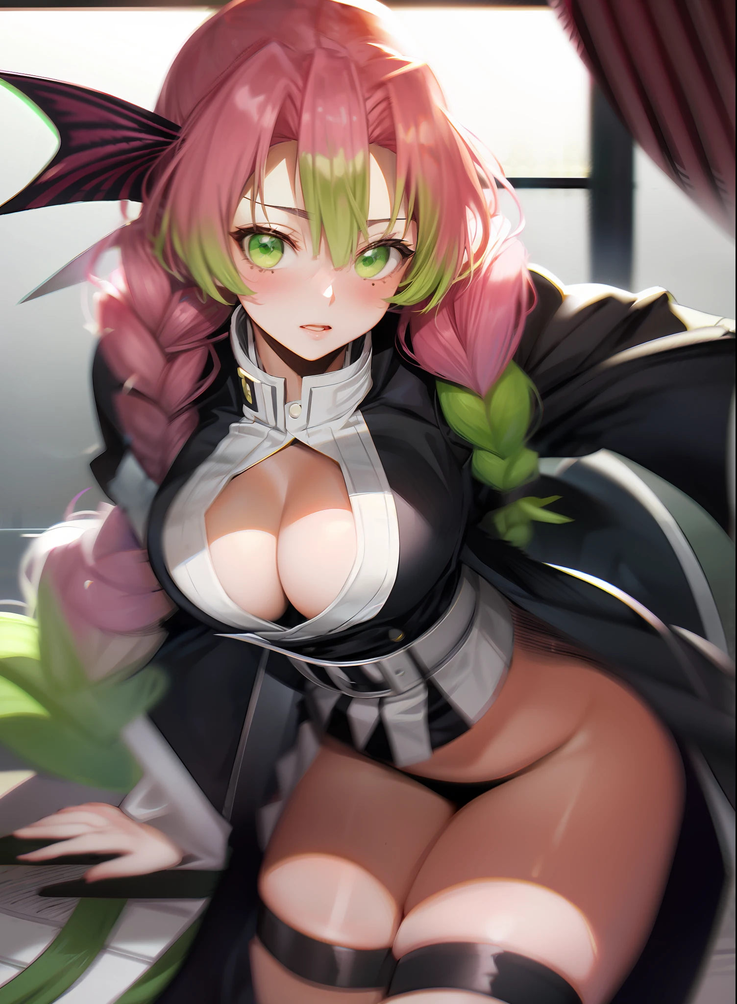 A cartoon girl with pink hair and green eyes with a pink braid, Arte Oficial, Demon Slayer, Kimetsu no yaiba, Mitsuri Fanart, Mitsuri Kanroji, arte oficial do personagem, Arte Oficial, NSFW, 8k, alta qualidade, master part, , pelada tomando banho