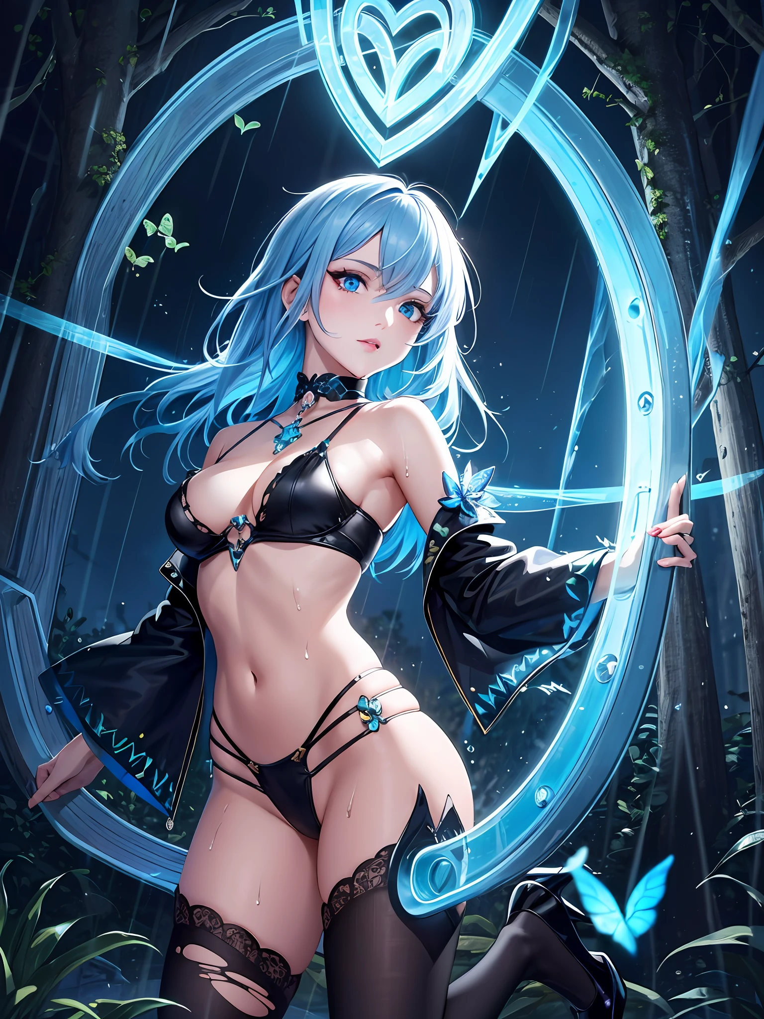 illustration, cinematic light, highres, highest quallity, ultra detailed, detailed face, (detailed eyes), best quality, hyper detailed, masterpiece, (detailed face), clean face, sexy mature woman wears transparent (torn) cloths, floating cloth, see through, choker, open cloths, nsfw, high heels, blue eyes, neon tiny glowing hair ends, dark fantasy forest, glowing plants with neon details, dark magic, (portal:1.15) to the underworld in the background, light reflection, heart shaped iris, playful eyes, open shoulder, rain, (wet body), tiny glowing butterfly, hair jewery