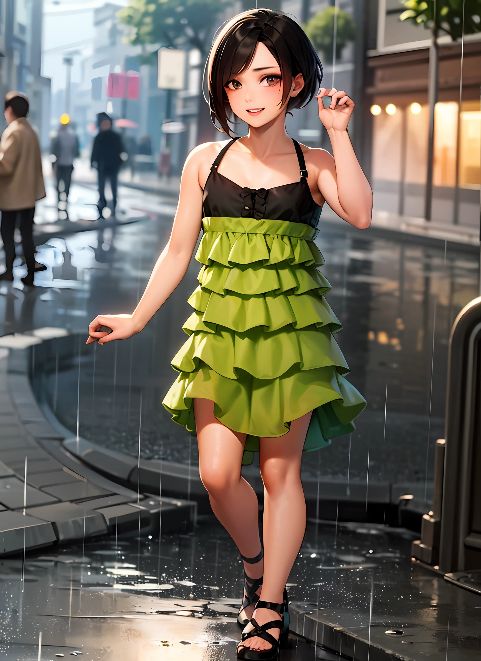 ((Best Quality, 8k, Masterpiece: 1.3)), Focus: 1.2, Perfect Body Beauty: 1.4, Buttocks: 1.2, ((Layered Haircut, Flat Chest: 1.2)), (Rain, Street:1.3), Bandeau Dress: 1.1, Highly Detailed Face and Skin Texture, Fine Eyes, Double Eyelids, Whitened Skin, Long Hair, (Shut Up: 1.3), Full Body