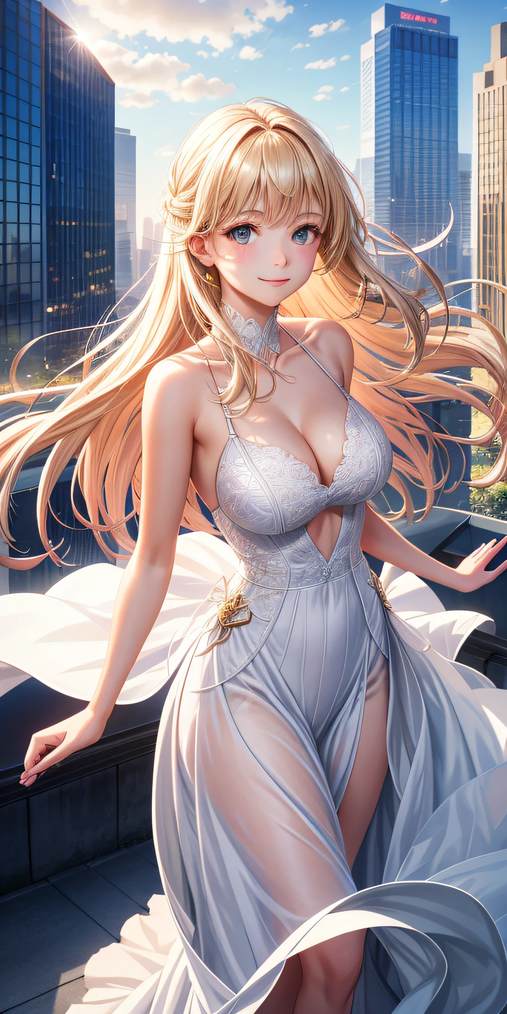 realisticlying，1Girl，Stand on a tall building，sunraise，Vivid light，Dressed in a white dress，The body floats slightly，Smile back（closeup cleavage），The background is many high-rise buildings