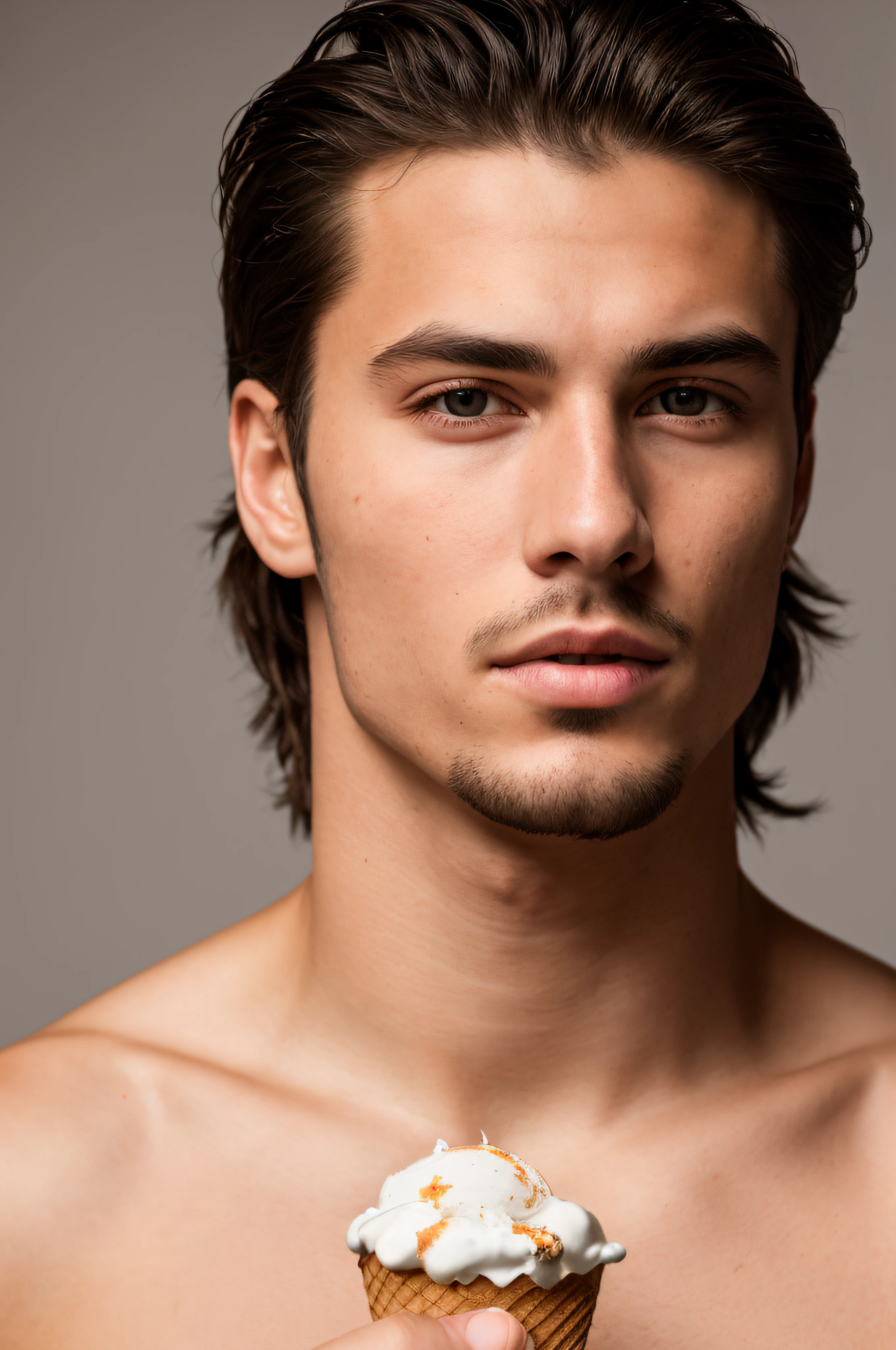 Masterpiece, an insanely handsome muscular young east european spartan warrior eating ice cream, masculine, tall, strong, , white background, well endowed, (high detail:1 1), rough face, natural skin, high quality, beautiful eyes, (detailed face and eyes), (face: 1 2), noise, extra, real photo, PSD, lamp film photography, sharp focus, contrast lighting, detailed skin, high resolution 8k, crazy detail, realistic, professional photography, 8k UHD, SLR camera, soft lighting, high quality, film grain, Fujifilm XT3