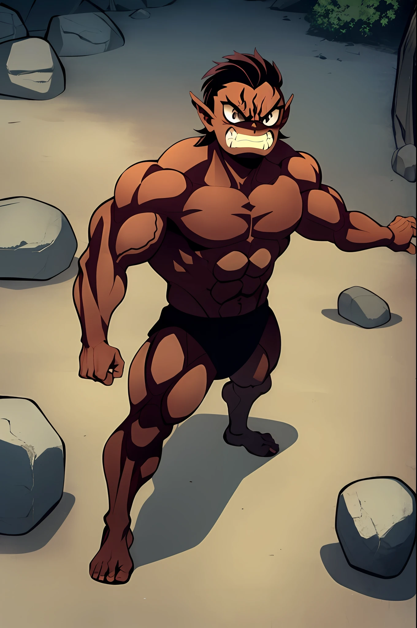 A oni, with veins in his forehead, black man, with rocks on his body, strong and though figure, angry