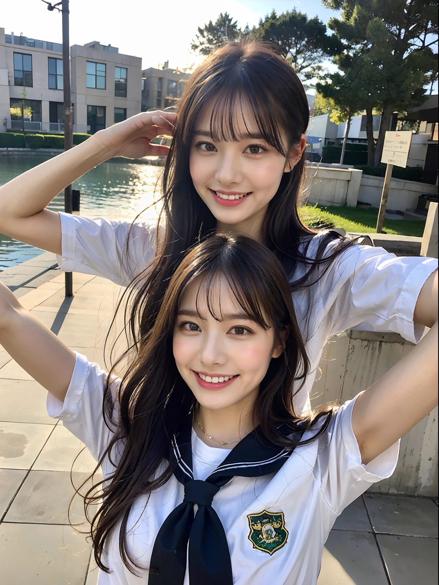 (8K、Raw photography、top-quality、masterpiece:1.2)、ultra-detailliert、ultra res、(hyper realisitic:1.4)、(Sexy waist)From above、Camera from above、Camera angle from above、I'm looking at this with upward eyes、Arms outstretched、arms spread wide、High-quality images taken with a camera from above、Above the sea、、Offshore Girl(Fantastic lighting)head to waist、sexy pose、Very embarrassing、Erotic Poses、A sexy、Raw feet、odious waist、de pele branca、Fair-skinned female proofreading、An ultra-high picture quality、、Beautiful female proofreading reflecting in light、amazing detailed、Beautiful girls in very detailed、Faces with different patterns、Different face patterns、Each hairstyle has its own characteristics、Farbe々Hairstyle、Farbe々Hair color shining with clean light、I enjoy fishing on a boat、Brown hair shining in the light、One has a ponytail、、Modern cute high school girl、very detailed faces very detailed eyes、Very realistic skin、 extremely detailed fingers, highly detailed nose, highly detail mouth, perfect anatomia, Highly detailed sailor suit、、The details of their hair and uniforms shine through、Burning teeth and smiling、Realistic body, de pele branca, glistning skin, Slim body, Long straight hair, (Blunt bangs:1.2), , nixeu and sakimichan, TWICE, Seifuku, sakimichan, JK Uniform, wearing japanese school uniform, promo still, Larisa Manobal, Japan school uniform, japanese girl school uniform, alena aenami and lilia alvarado