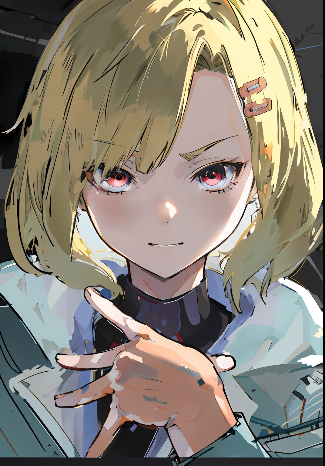 Anime girl with blonde hair and red eyes holding mobile phone, portrait anime space cadet girl, demon slayer rui fanart, Female protagonist 👀 :8, with index finger, by Puru, heavy gesture style closeup, [[[[grinning evily]]]], unknown artstyle, anime style character, character art closeup, made with anime painter studio