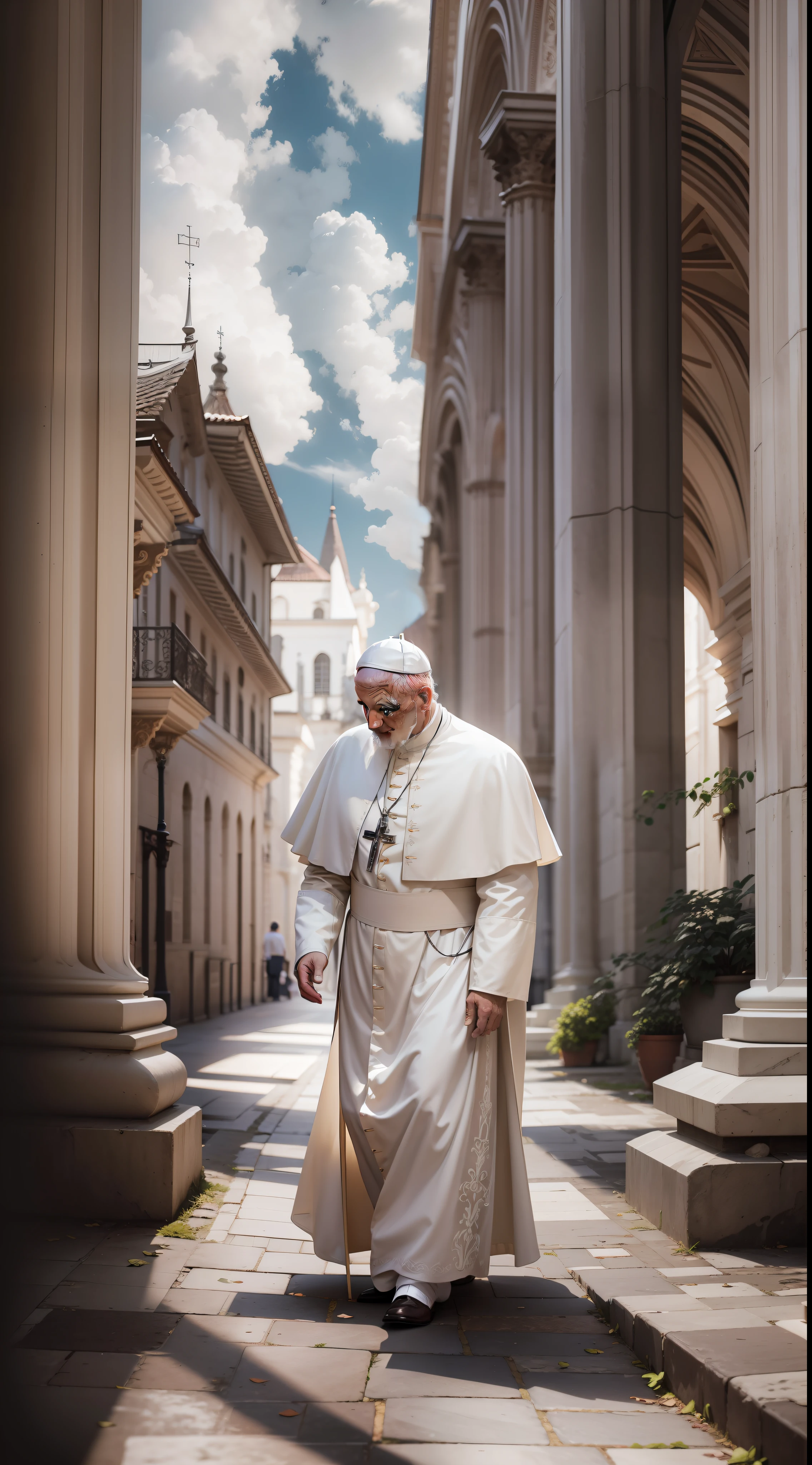 Photo of the pope of the Roman Catholic Church lacombe style, homem sem barba, roupa branca, white tunic, capa vermelha, Catedral como plano de fundo, contraste detalhado, foco profundo, super adobe, textura detalhada, esthetic, photoshop, octane rendering, pinterest art, fotografia premiada, mundialmente famoso, alta resolução, color correction, alta arte, sem desfoque, fotorrealismo, ultra qualidade