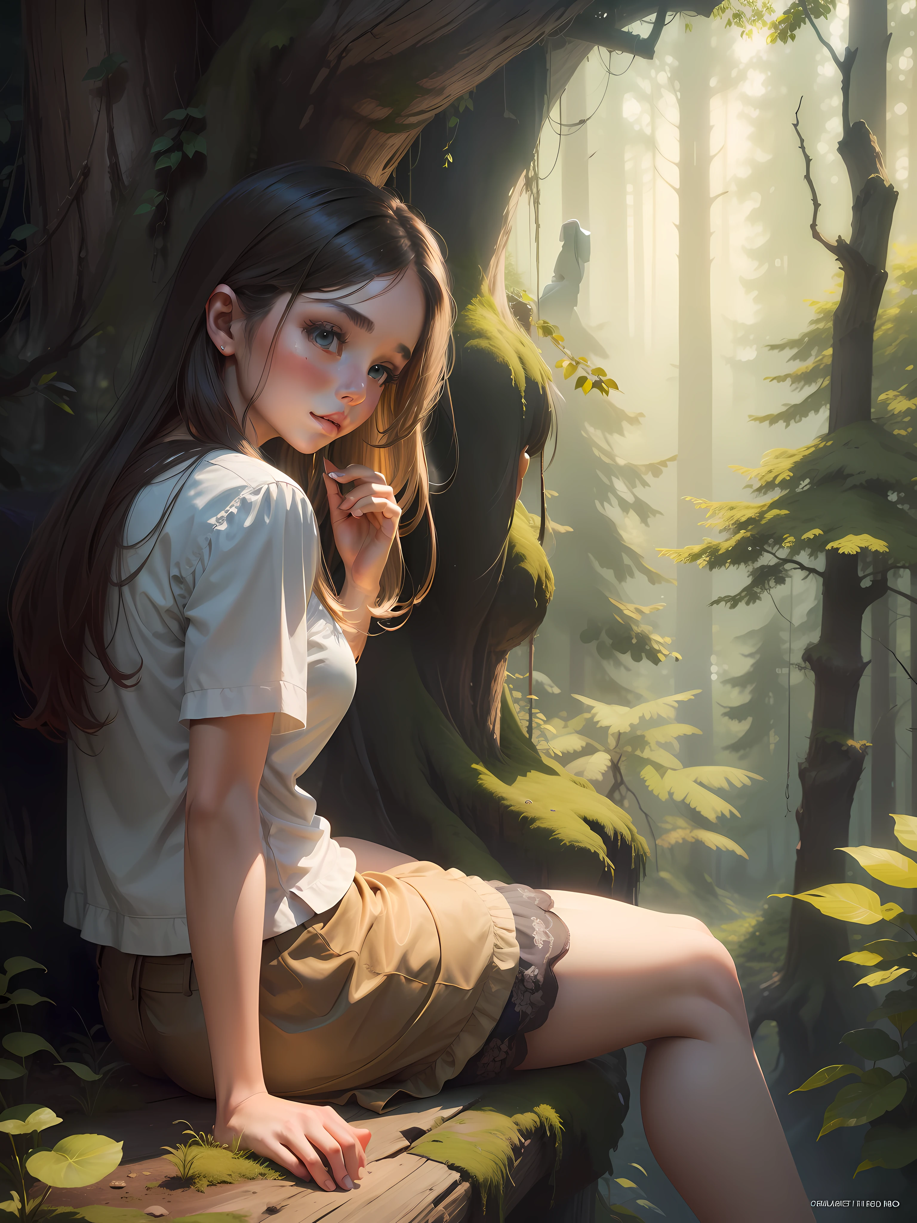 "(Best quality:1.3, masterpiece:1.3), girl sitting in a forest, captured from a side view."