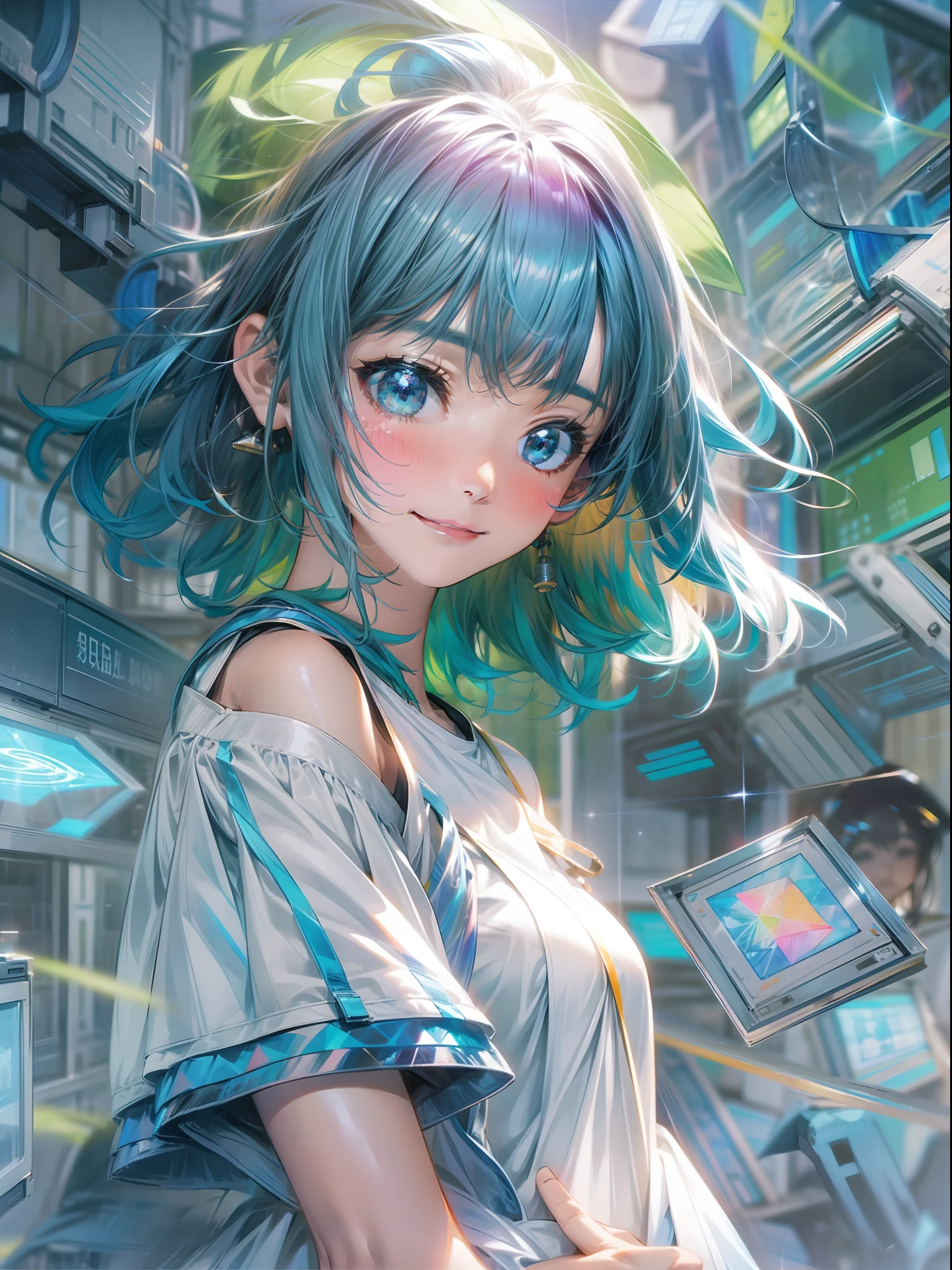Drawn in 8K ultra-high resolution、Science exhibitions of the near future。In the center of the exhibition room is、One girl is standing。Her hairstyle is short cut with black hair、The inner colors of the hologram blue and green are sparkling.。
Her attire is、A style that blends the future and the modern。Metallic silver tops、White skinny pants。At the foot、Futuristic sneakers that glow with her steps。
In her hands、A holographic 3D printer is in the hands。It changes color and shape in response to her thoughts and feelings.、Giving shape to her creativity。
Spreading behind、Bright and spacious exhibition room。Among them、Cutting-edge science and technology exhibits are lined up.、Visitors々Provides knowledge and surprises to。
Her expression was、Full of excitement and satisfaction。She turned to the camera「Thank you」I said.、The words of gratitude are projected on a holographic screen.、All visitors々Transmitted to。
The surroundings include、Someone who watches over her creative activities々There is a、Holographic applause and messages of support flutter through the air。Her gratitude and who visited々The joy of unite、Enhancing the world of innovative science。