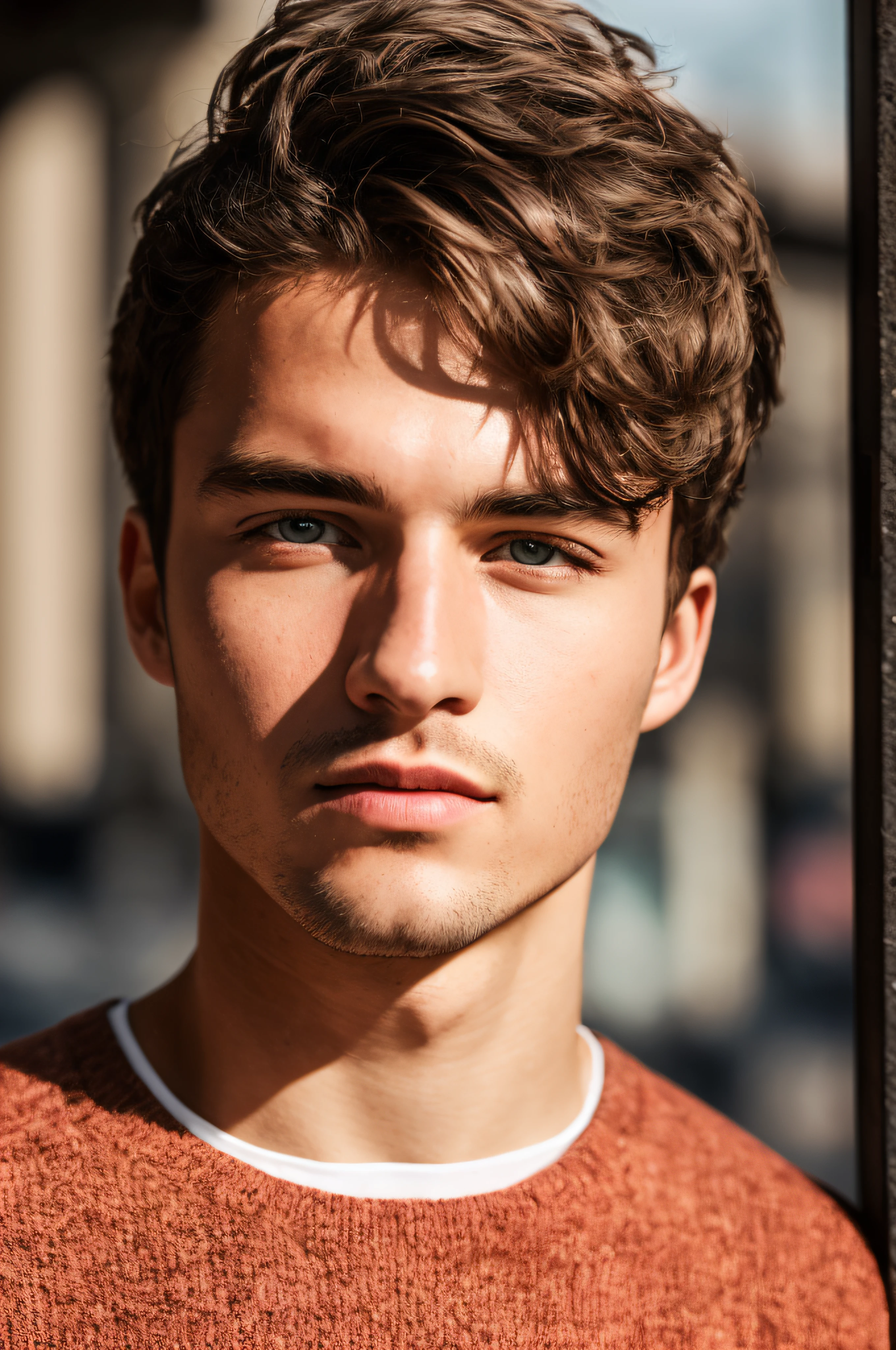 Masterpiece, an insanely handsome muscular young east european spartan warrior wearing in hipster clothes, masculine, tall, strong, teen, street background, well endowed, (high detail:1 1), rough face, natural skin, high quality, beautiful eyes, (detailed face and eyes), (face: 1 2), noise, extra, real photo, PSD, lamp film photography, sharp focus, contrast lighting, detailed skin, high resolution 8k, crazy detail, realistic, professional photography, 8k UHD, SLR camera, soft lighting, high quality, film grain, Fujifilm XT3