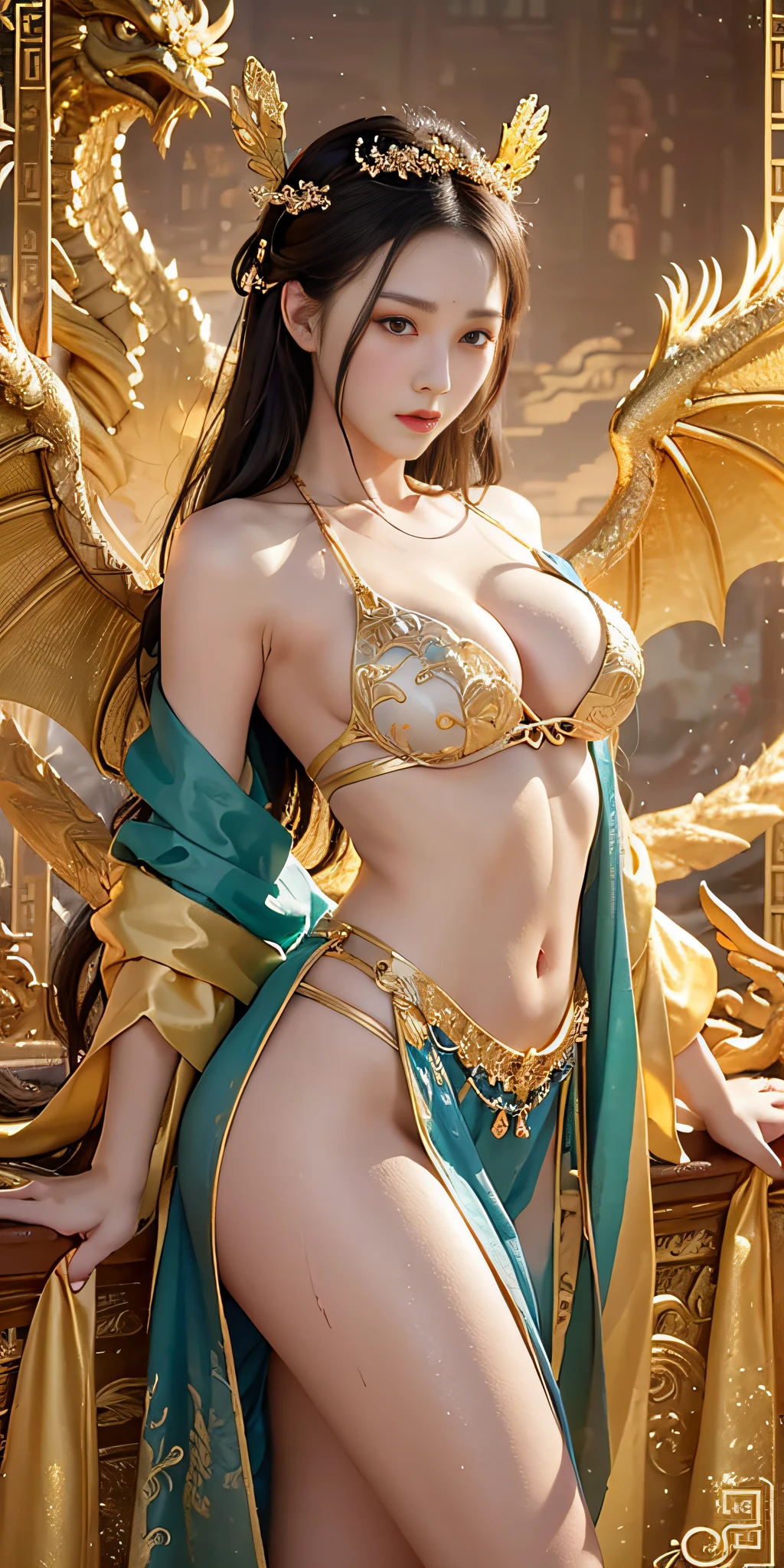 (couple cuddling) rough man Zeus muscular naked, beautiful, sexy, big breasts, cleavage, bare legs, see-through, standing, hanfu, wet, clear, realistic, highest detail, Chinese mythology, dragon pattern, phoenix, sacred, holy, golden mountains, heavenly palace, countless palaces, clouds, golden light
