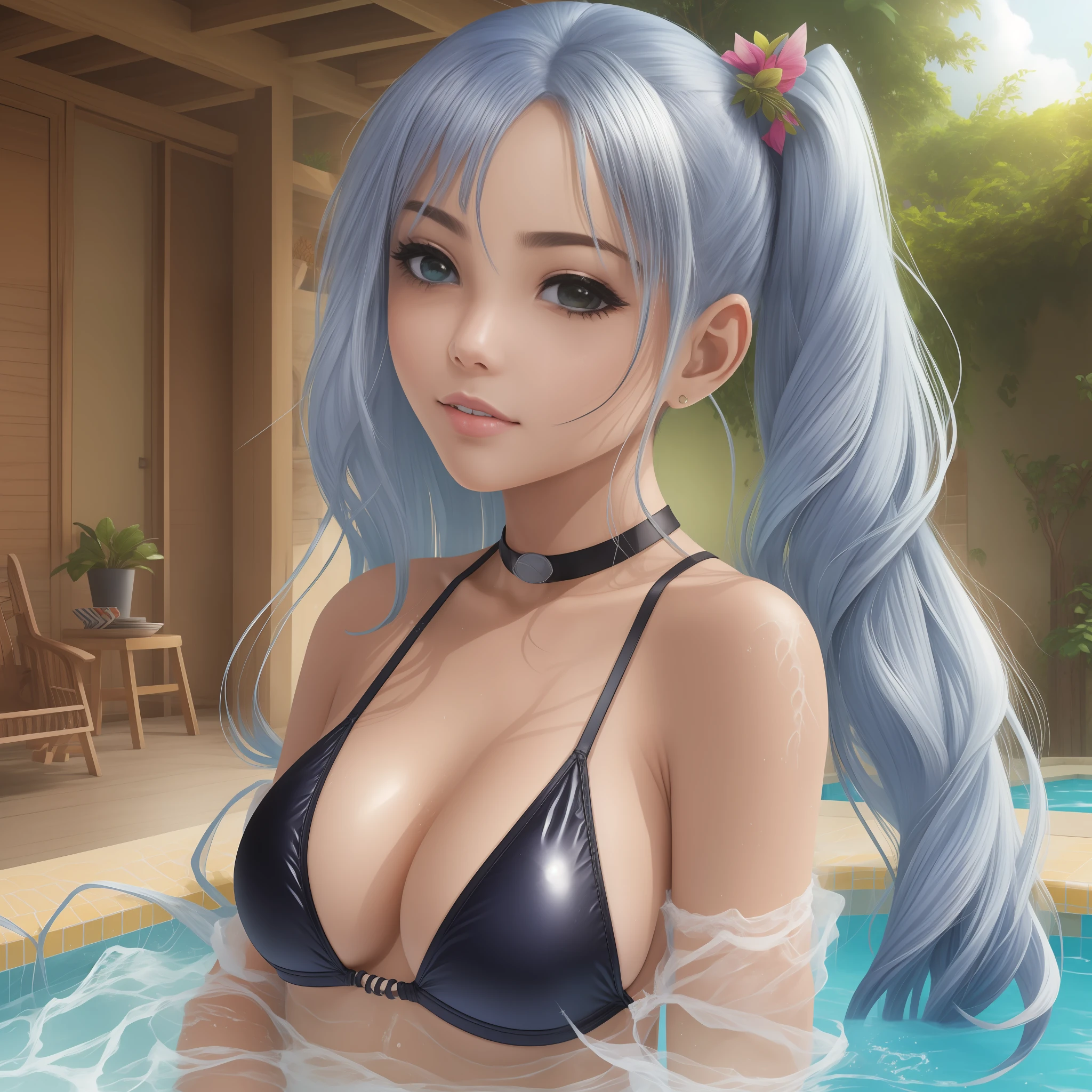 ((obra-prima)), (melhor qualidade), (detalhado), (1 mulher), slingshot swimsuit, Twintails, seios grandes, umbigo, cabelo cinzento bronya rand, (piscina), interior, focando em detalhes nos olhos