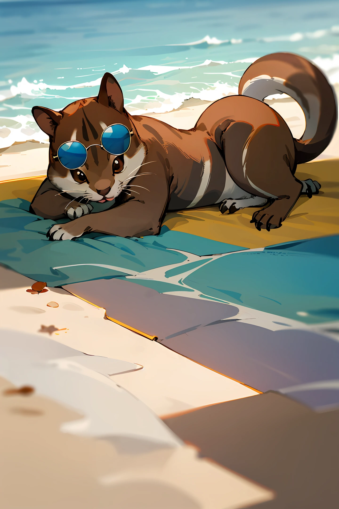 Cute little squirrel lying on the beach by the sea，I'm afraid of sunglasses，Still holding a drink in his hand。