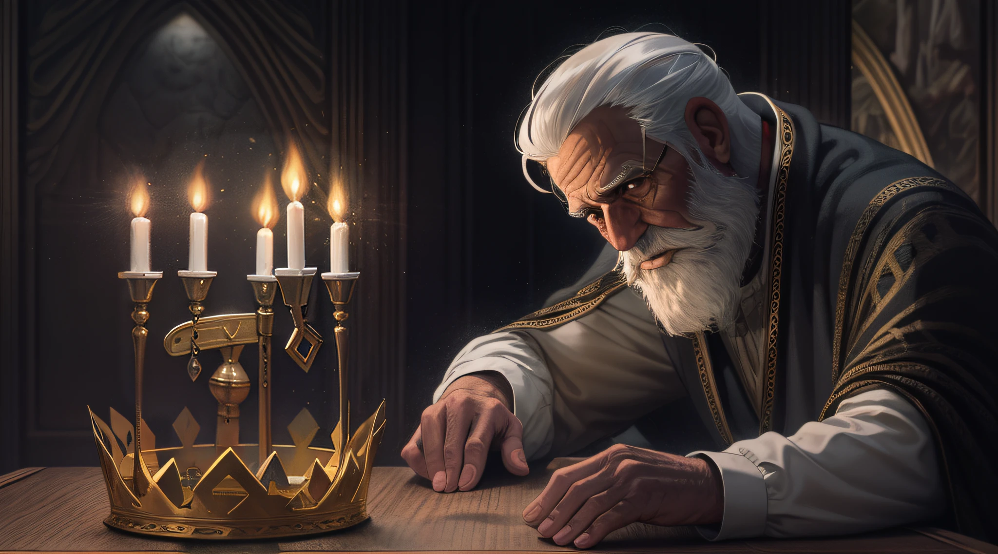 Man with white beard and white beard sitting at the table with a golden crown, arte do jogo de fantasia medieval, pintura artstation, O melhor da artstation, trending on ArtStation:3, senior concept artist, Vencedor do concurso Artstation, Directed by: Tadeusz Pruszkówski, Retrato de um Mago, Tuomas Korpi e Wlop