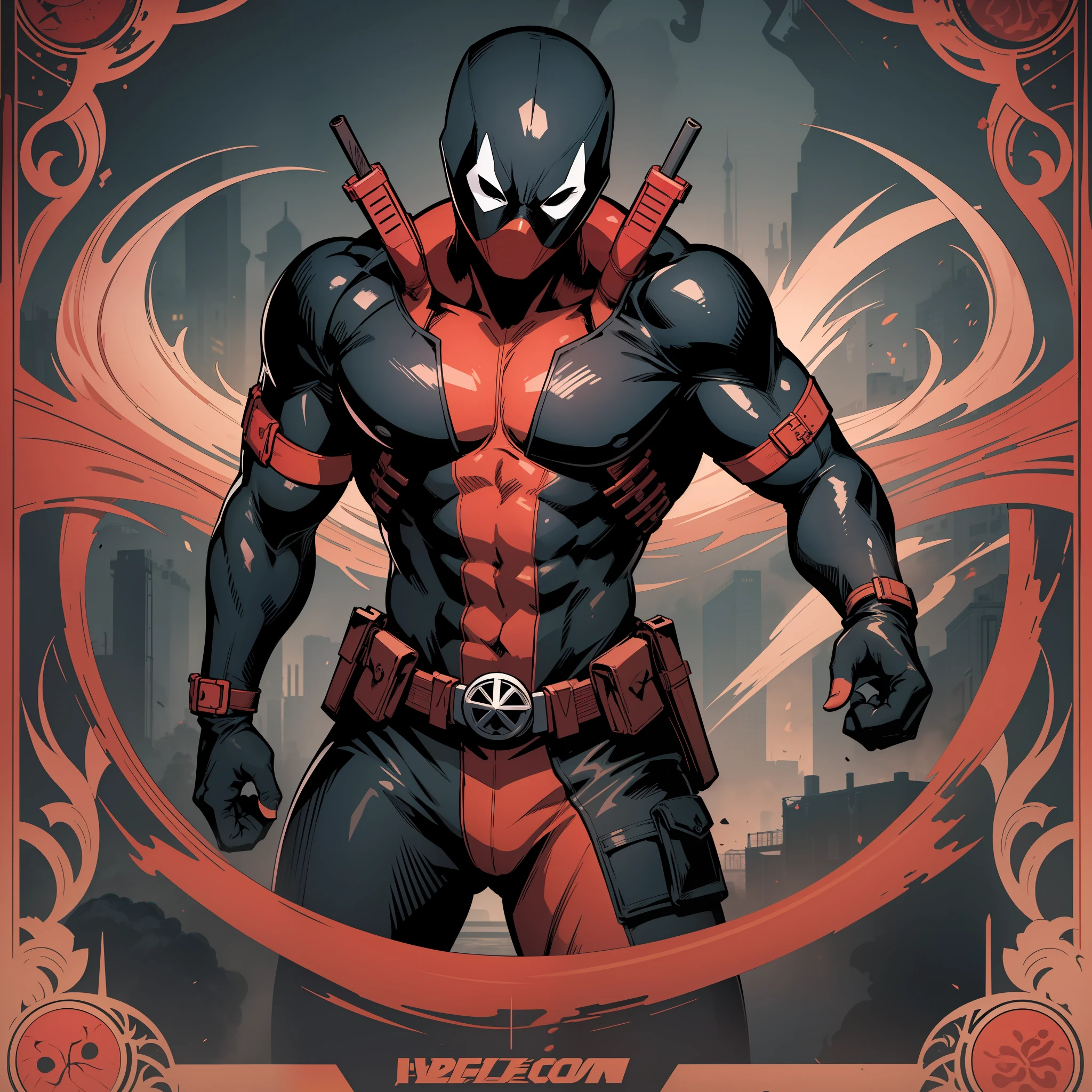 A game card and border design of [Deadpool] with decorated borders and icons, No estilo da Capcom, cores vibrantes, red and black colour palette, magia de fantasia, circunstanciado, intrincado, 8k, octan render