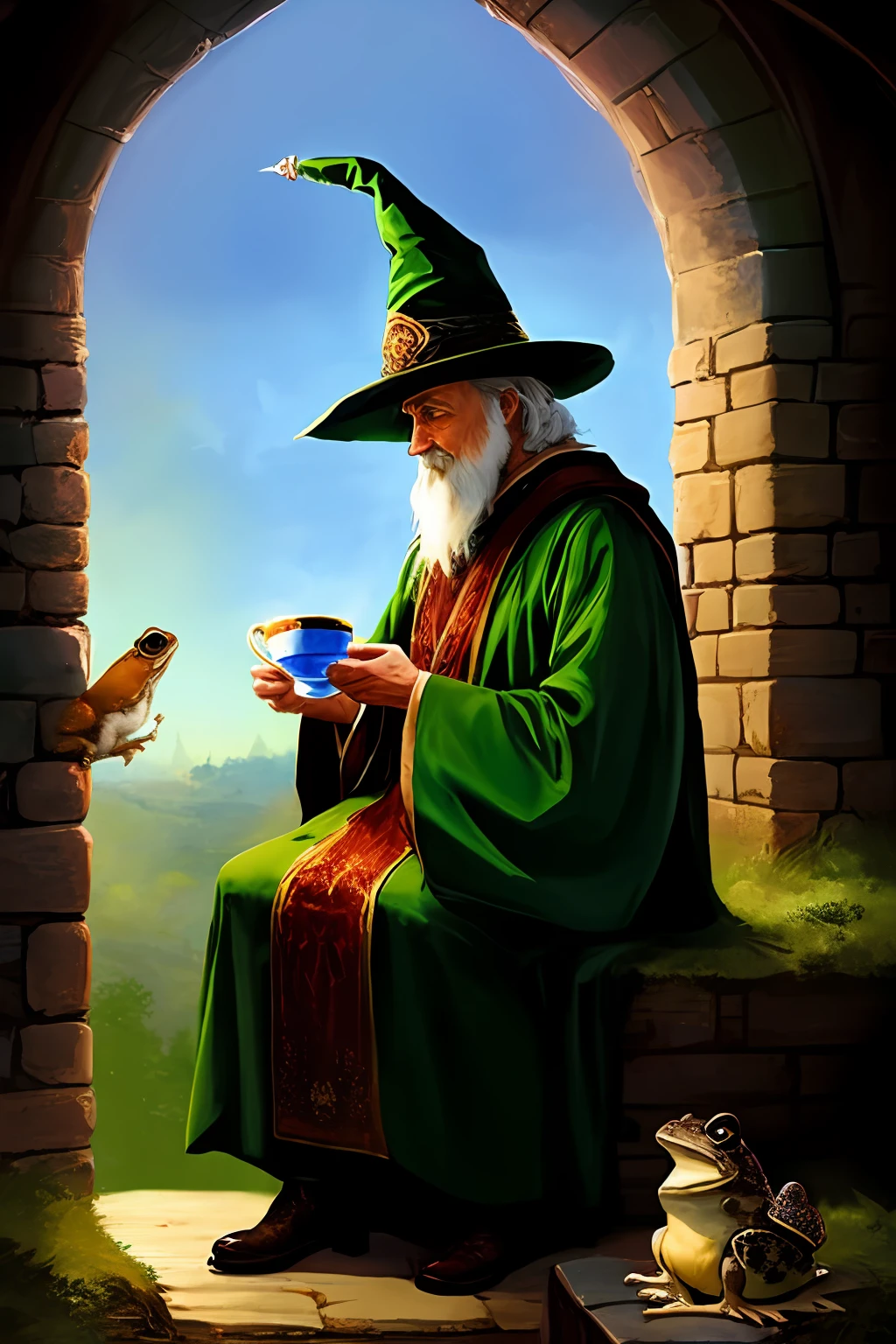 A single wizard wearing a hunter green robe sips a cup of tea with his toad familiar sitting atop the brim of his hat