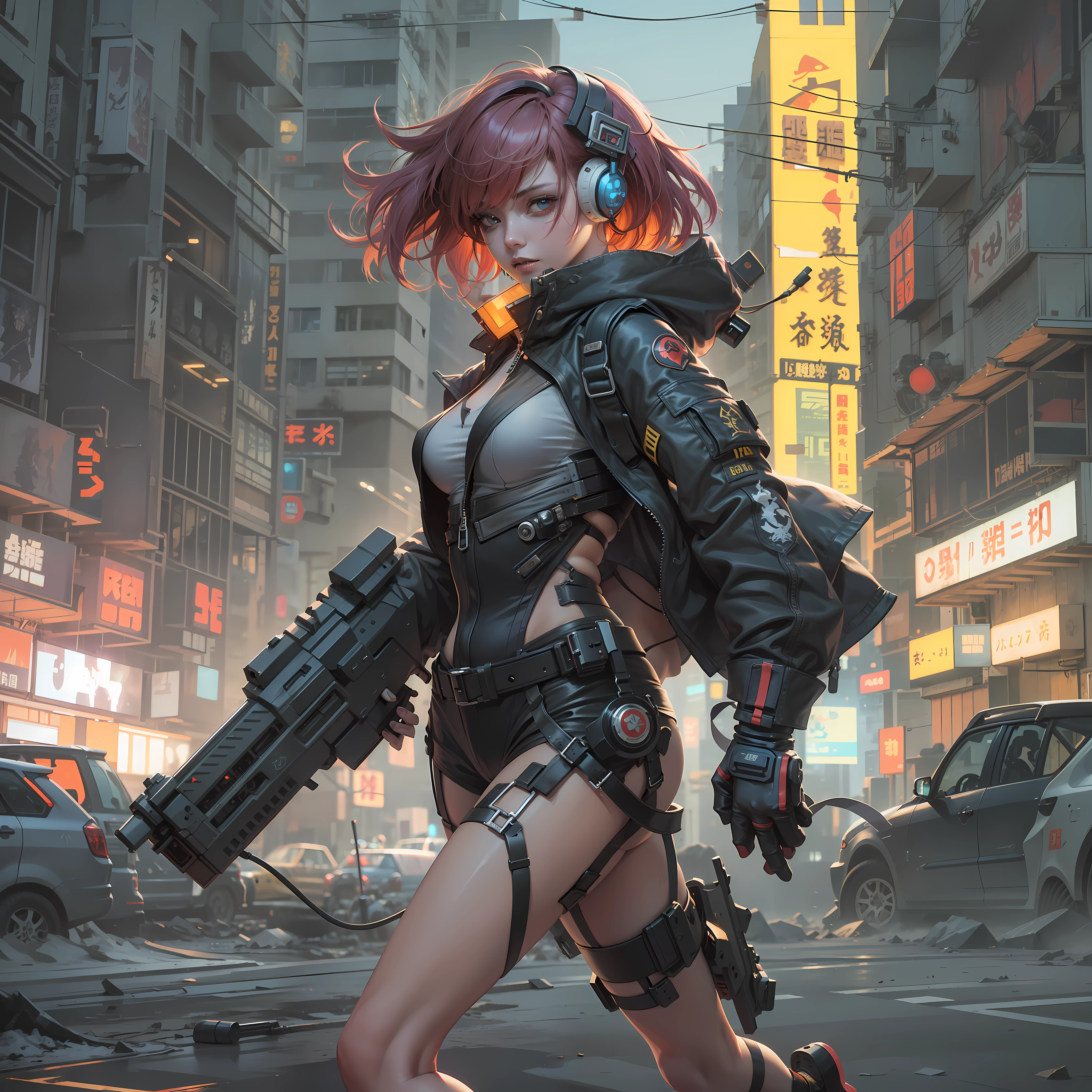 Cyberpunk warriors are running with huge guns in abandoned cities,Anime,Loish style,Full body shot,purple and yellow tones,Deserted city buildings,elated,Short hair,Red hair,Earphone,Boso zoku costume,Mecha outfit,Daoism,James cameron,Chinese cyberpunk architecture,Lens flare,Tyndall effect